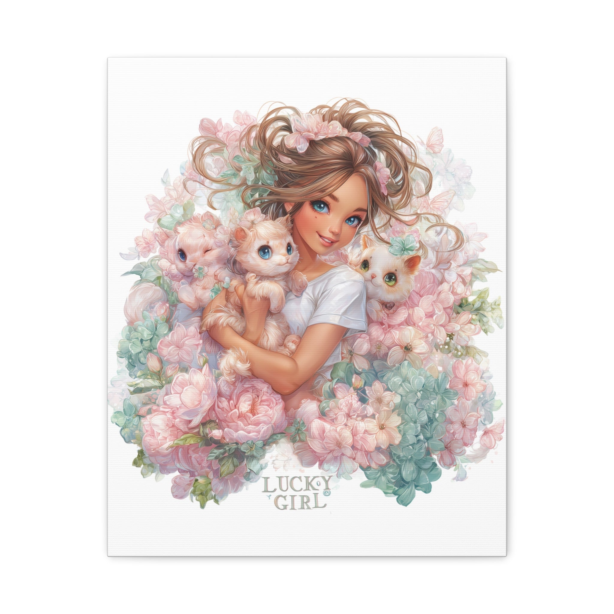 Lucky Girl with Kittens Canvas | Matte Stretched Wall Art