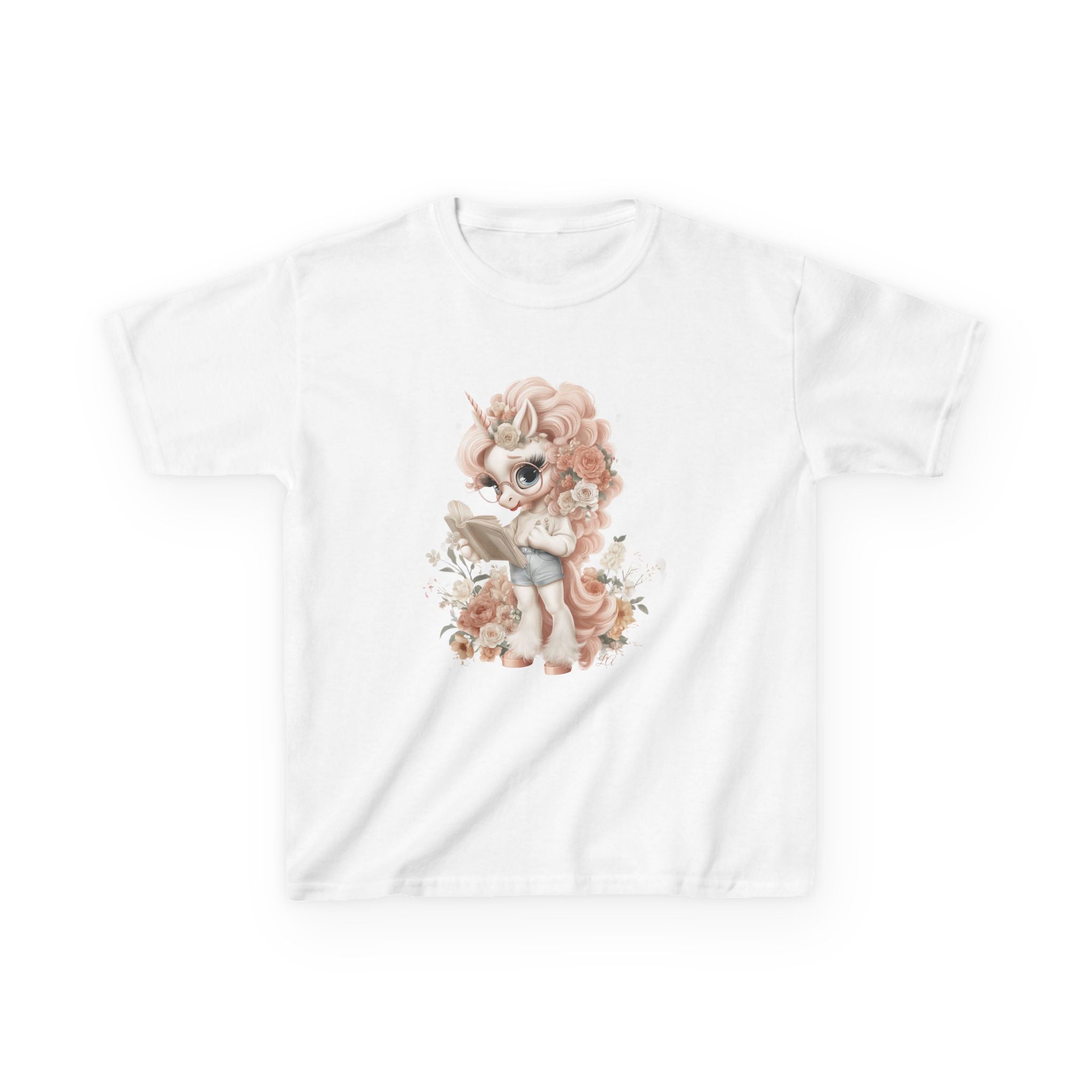 Reading Unicorn Girl T-Shirt | Kawaii Storybook Kids Tee | Pastel Floral Unicorn Shirt for Girls