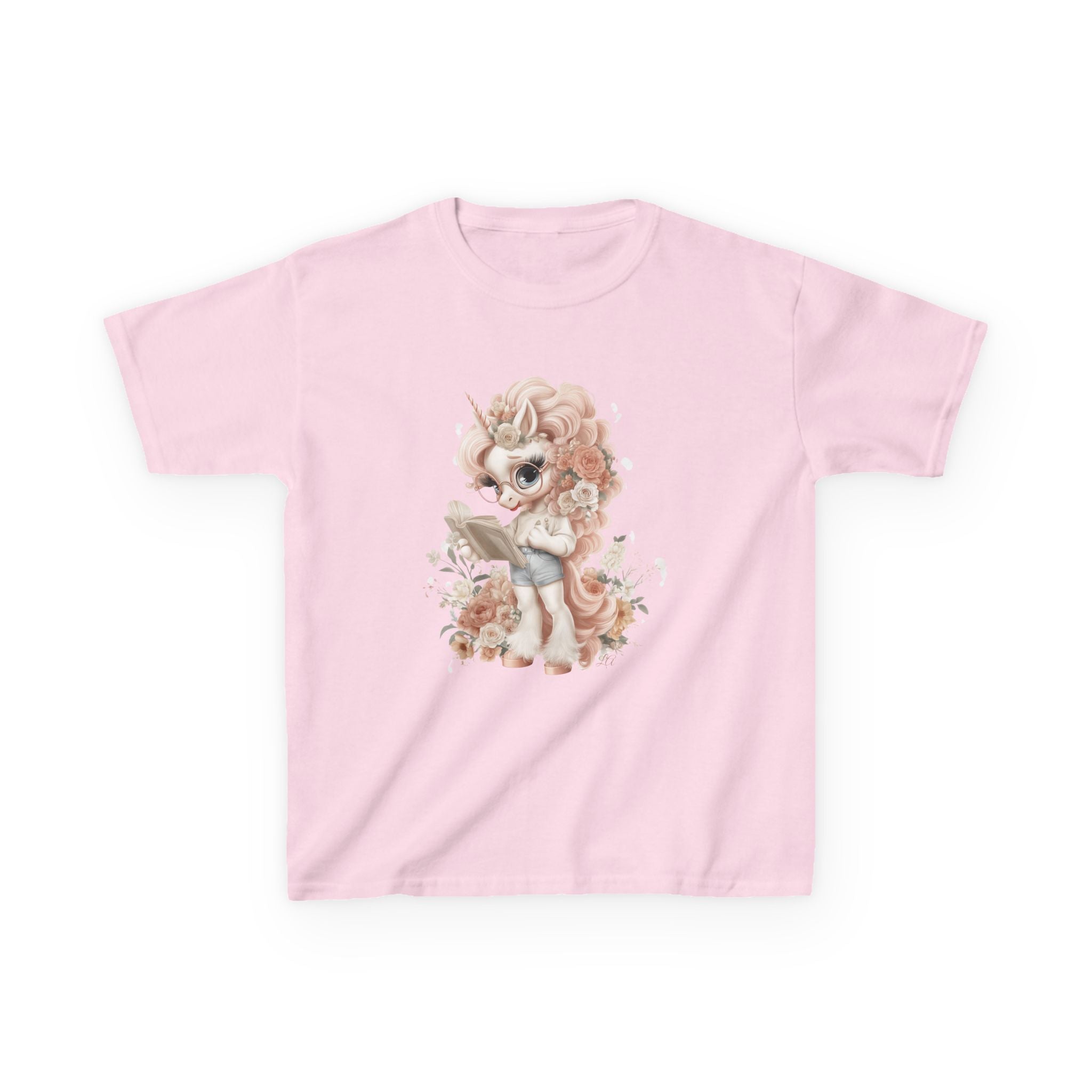Reading Unicorn Girl T-Shirt | Kawaii Storybook Kids Tee | Pastel Floral Unicorn Shirt for Girls