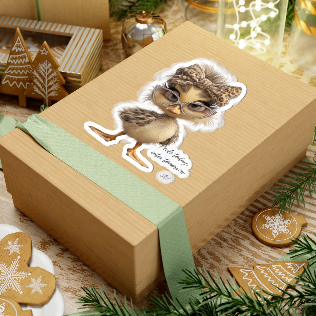 Kawaii Chick Sticker with Leopard Bow | Kiss-Cut Animal Sticker