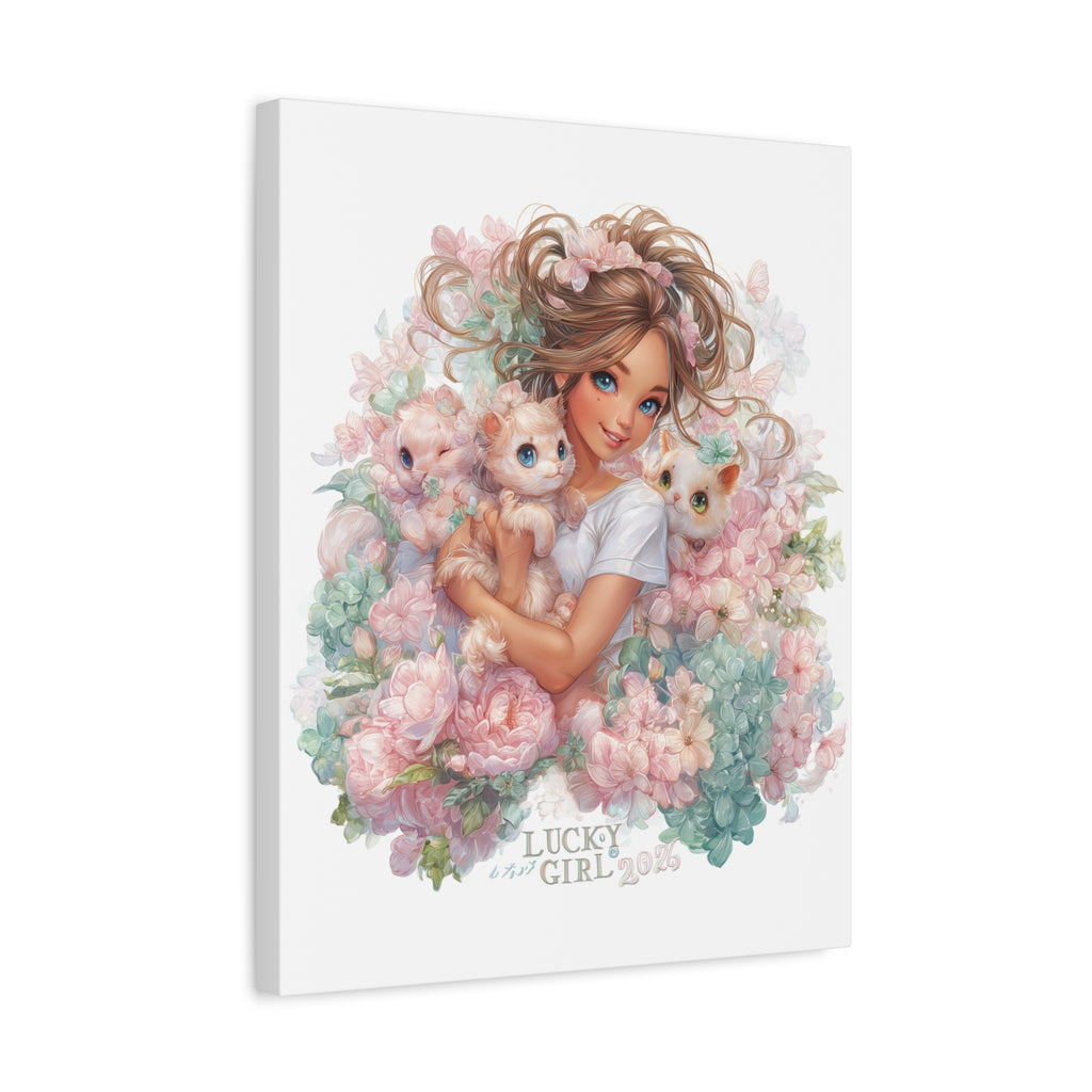 Lucky Girl 2026 Canvas Wall Art | Girl with Kittens Floral Print | Pastel Cute Aesthetic Decor | Kawaii Cat Lover Gift
