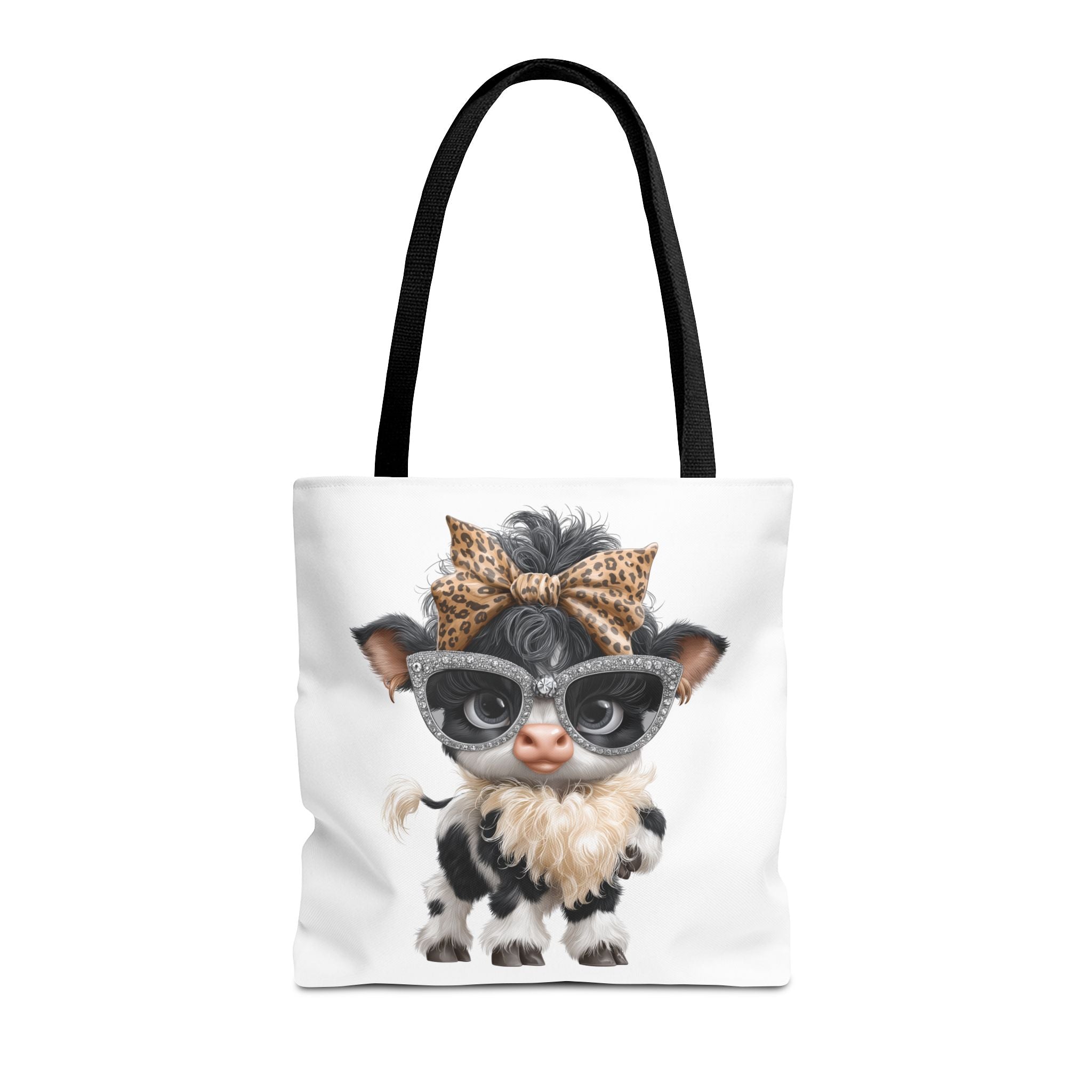 Fashion Cow Tote Bag, Stylish Calf with Leopard Bow and Sunglasses, Animal Art Bag