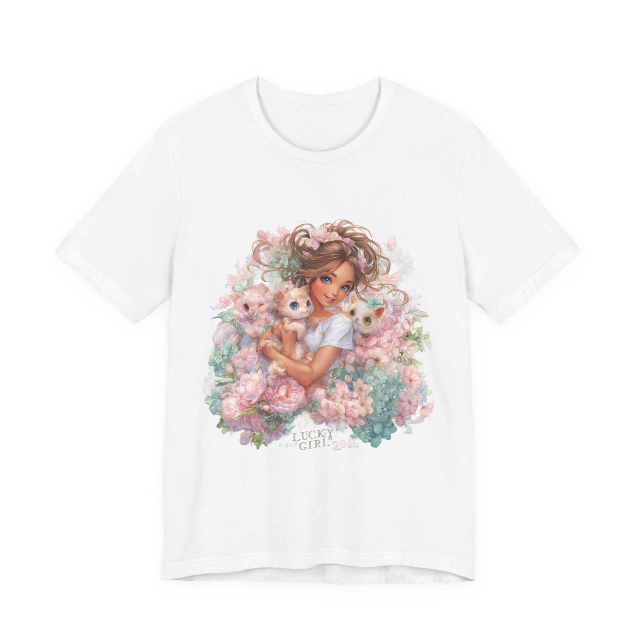 Lucky Girl 2026 Floral Aesthetic T-Shirt , Soft Girl Graphic Tee Cute Pastel Flowers Shirt, Fairycore Vintage Art Tee, Feminine Graphic Top