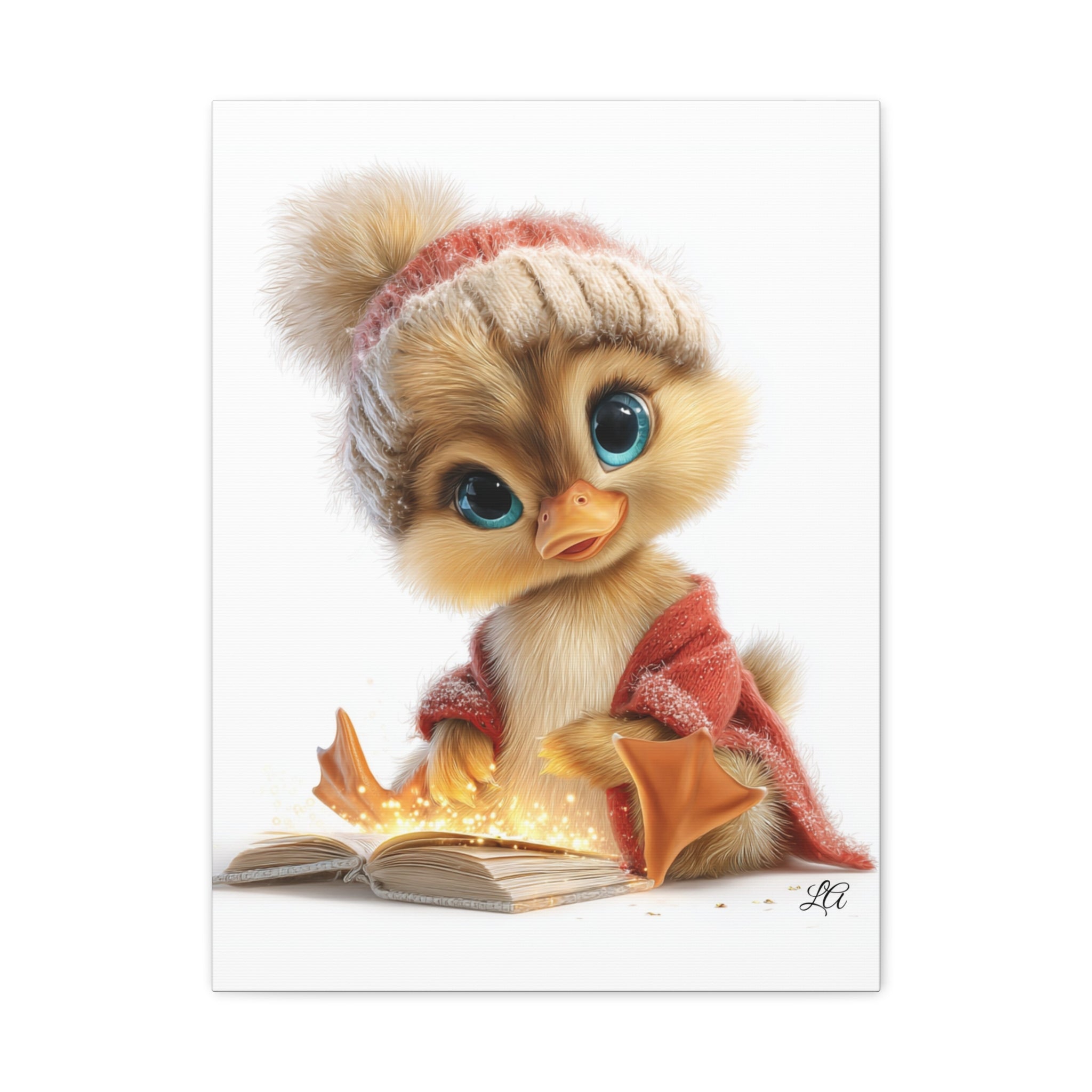 Winter Duckling Canvas Art, Cozy Chick Reading Book Print, Christmas Nursery Wall Decor, Storybook Kids Room Art