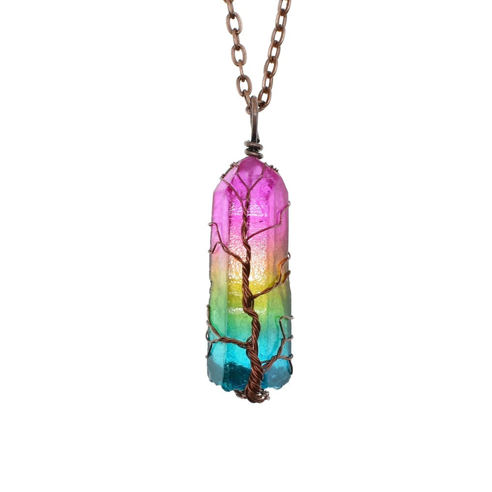 Rainbow Crystal Stone Necklace – Tree of Life Pendant for Positive Energy & Style