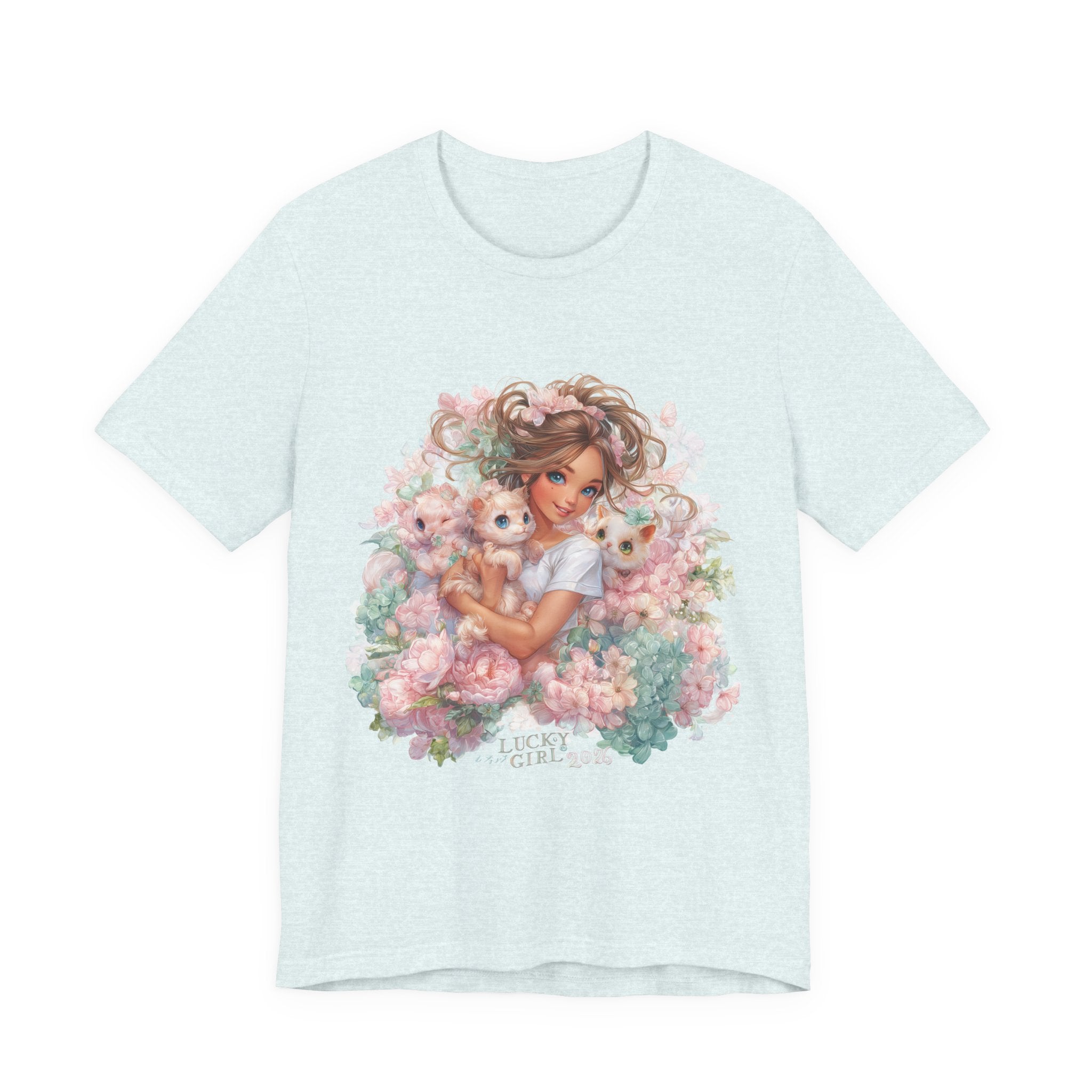 Lucky Girl 2026 Floral Aesthetic T-Shirt , Soft Girl Graphic Tee Cute Pastel Flowers Shirt, Fairycore Vintage Art Tee, Feminine Graphic Top