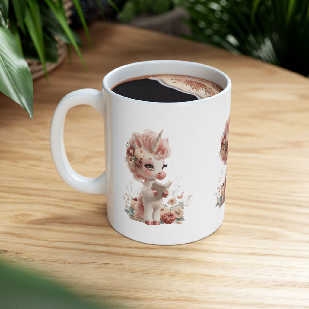 Unicorn Coffee Mug, 11oz Pastel Floral Cup, Whimsical Reading Unicorn Mug