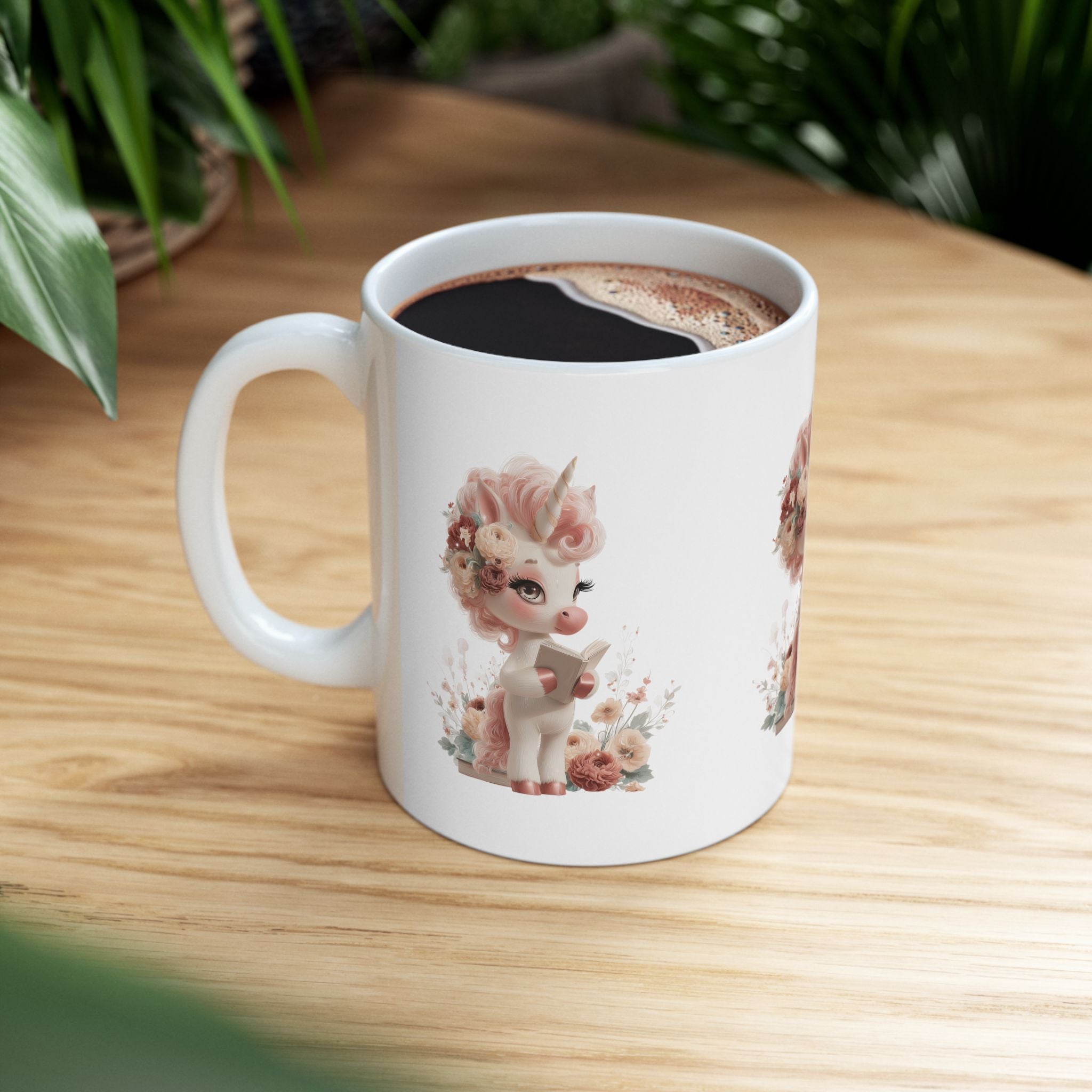Unicorn Coffee Mug, 11oz Pastel Floral Cup, Whimsical Reading Unicorn Mug