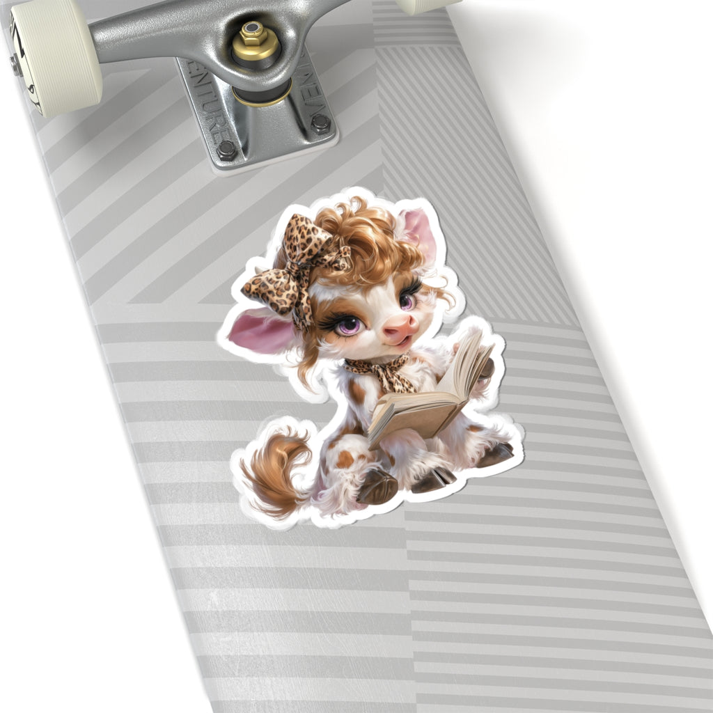 Leopard Bow Reading Vinyl Sticker, Funny Animal Kiss-Cut Sticker for Laptop, Journal & Water Bottle