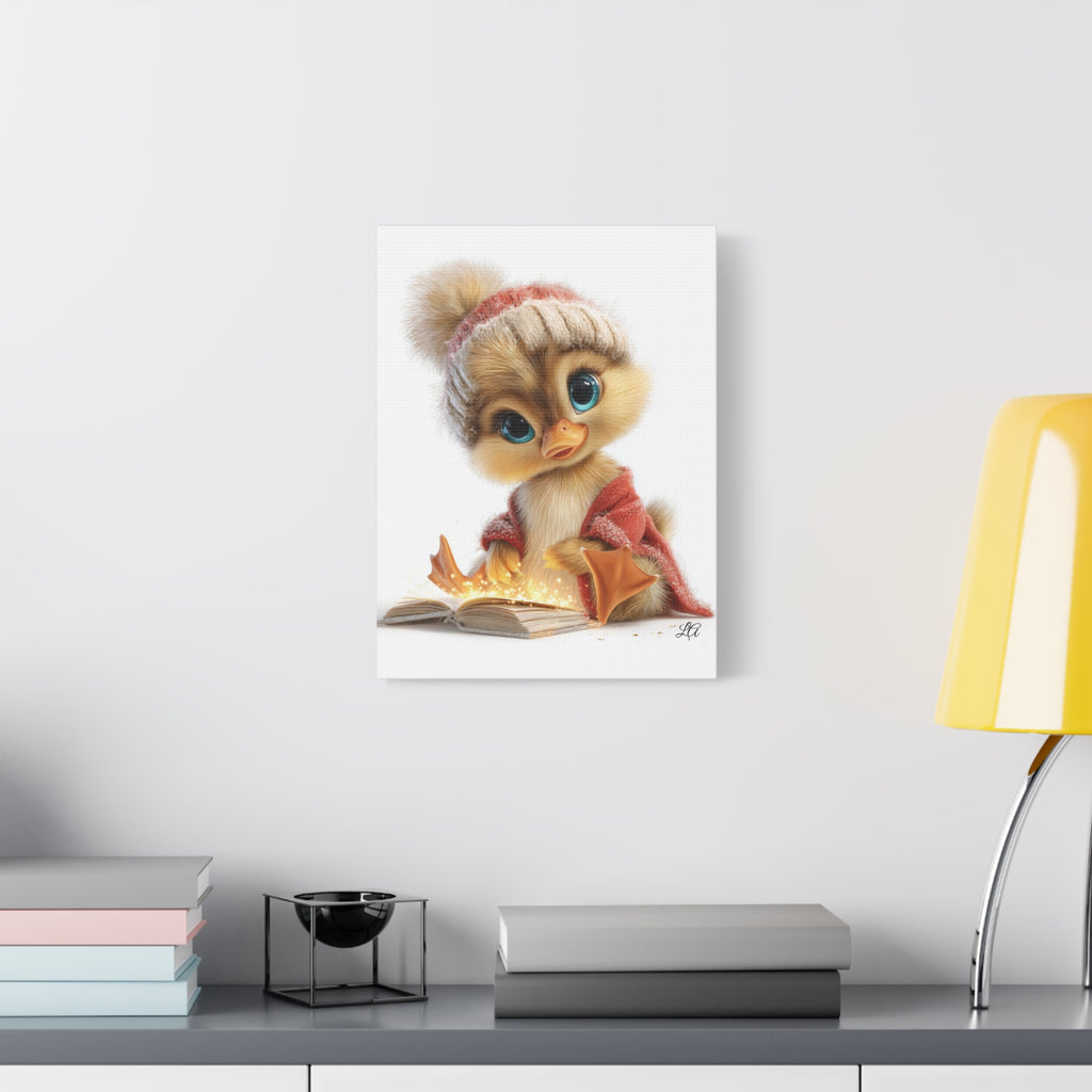 Winter Duckling Canvas Art, Cozy Chick Reading Book Print, Christmas Nursery Wall Decor, Storybook Kids Room Art
