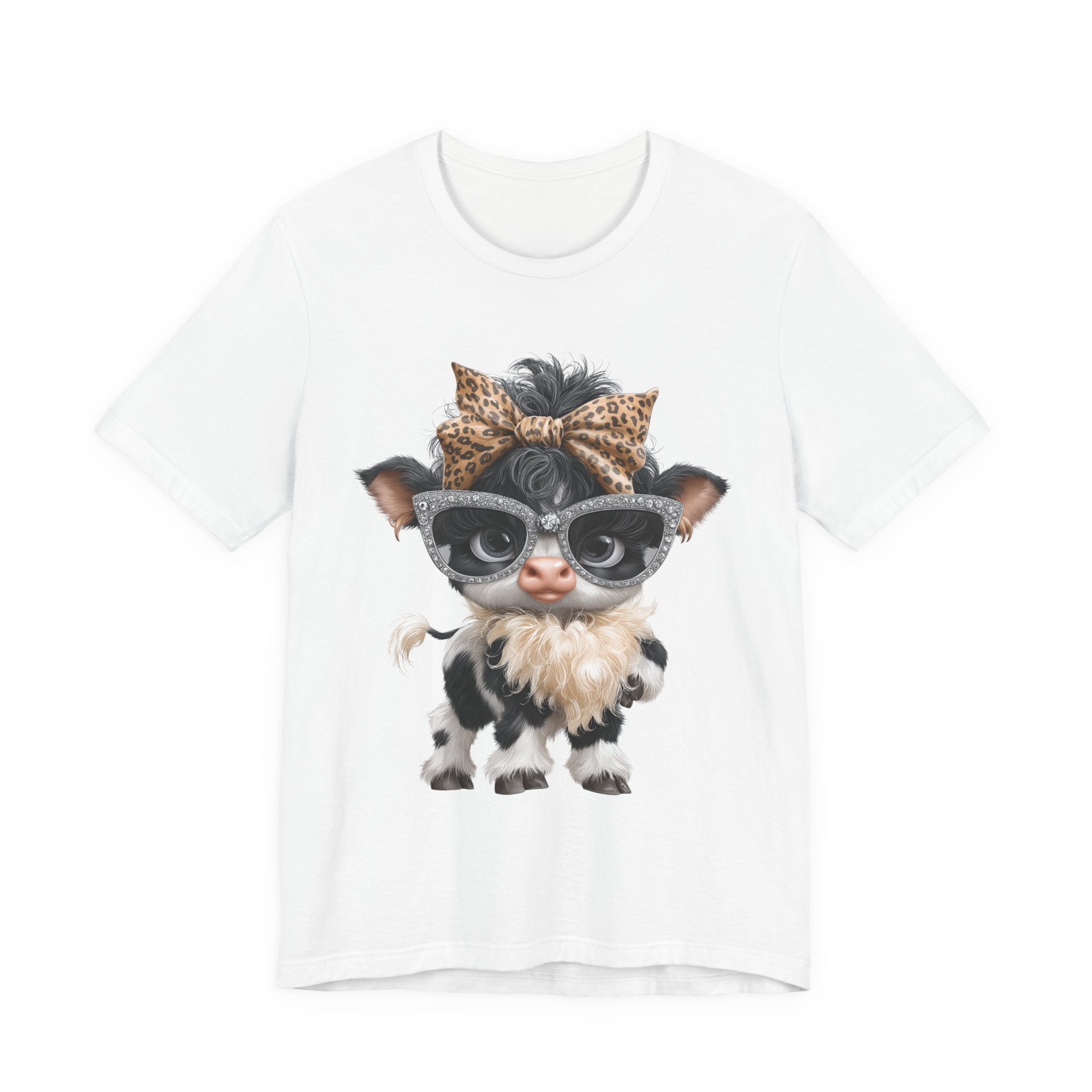 Stylish Cow Calf with Glasses and Leopard Bow T-Shirt