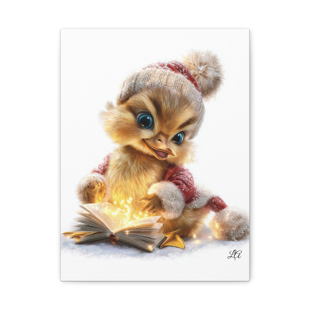 Winter Duckling Canvas Art, Christmas Chick Reading Book Print, Cozy Nursery Wall Decor.