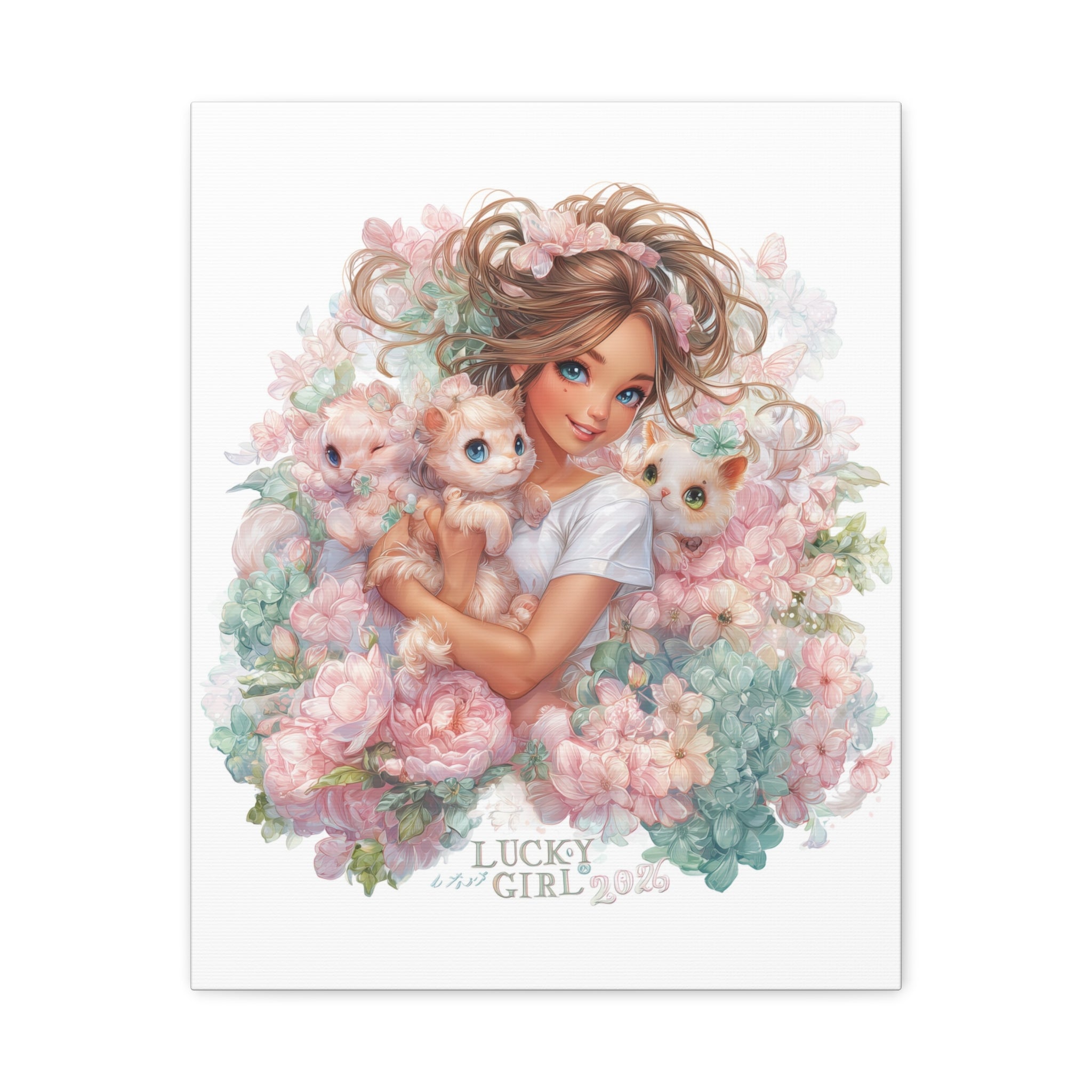Lucky Girl 2026 Canvas Wall Art | Girl with Kittens Floral Print | Pastel Cute Aesthetic Decor | Kawaii Cat Lover Gift