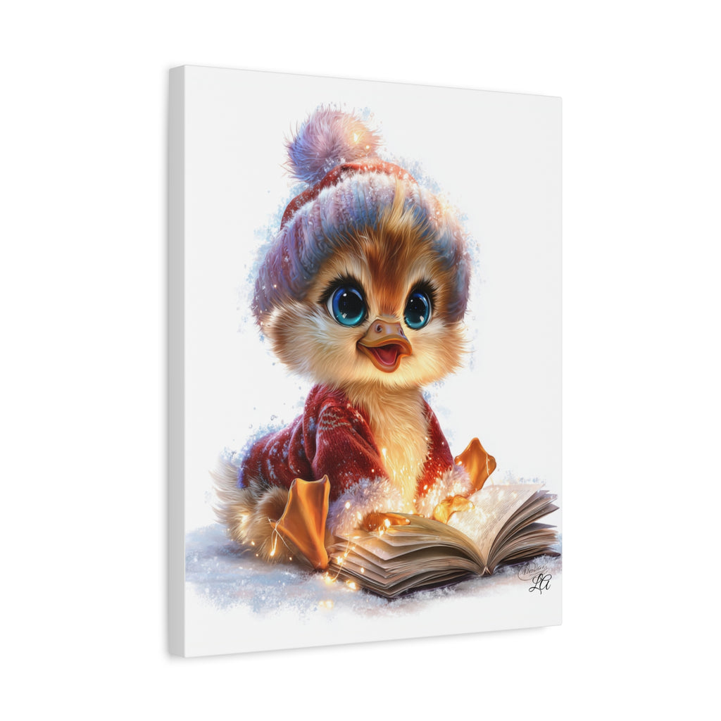 Cute Chick Reading Book Canvas Art, Nursery Wall Decor, Winter Duckling Print, Storybook Kids Room Decor