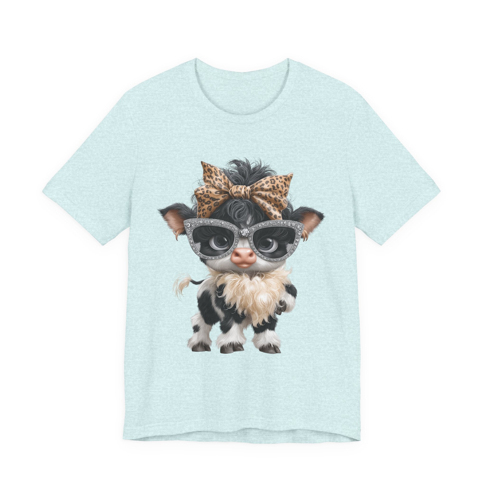 Stylish Cow Calf with Glasses and Leopard Bow T-Shirt