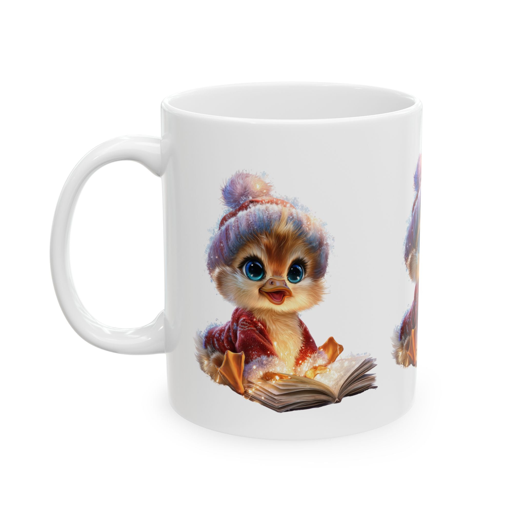 Cute Winter Chick Mug — Cozy Hat Reading Book Ceramic Coffee Cup (11oz/15oz)