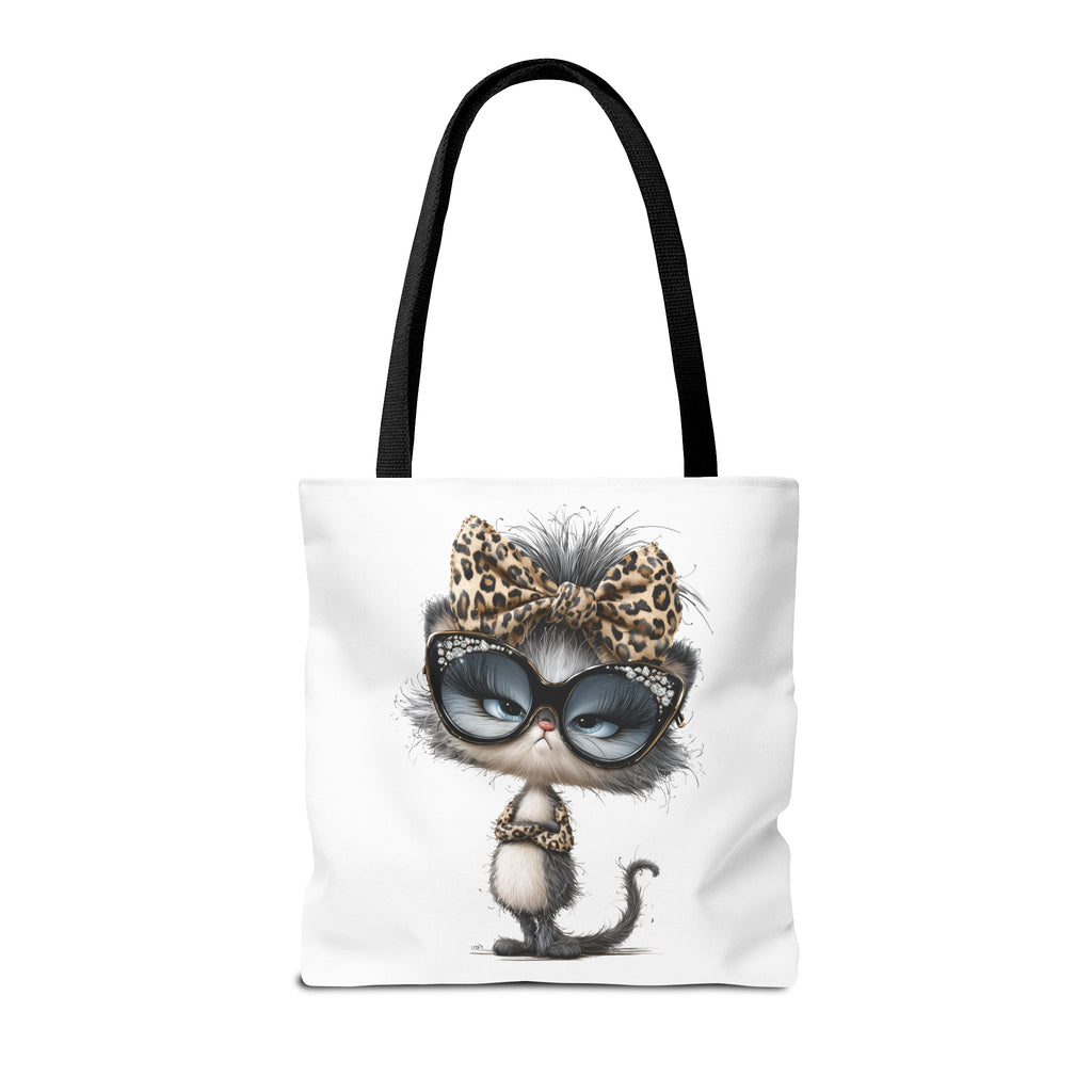 Leopard Bow Kitty Tote, Cute Cat Lover Gift, Illustrated Shoulder Bag