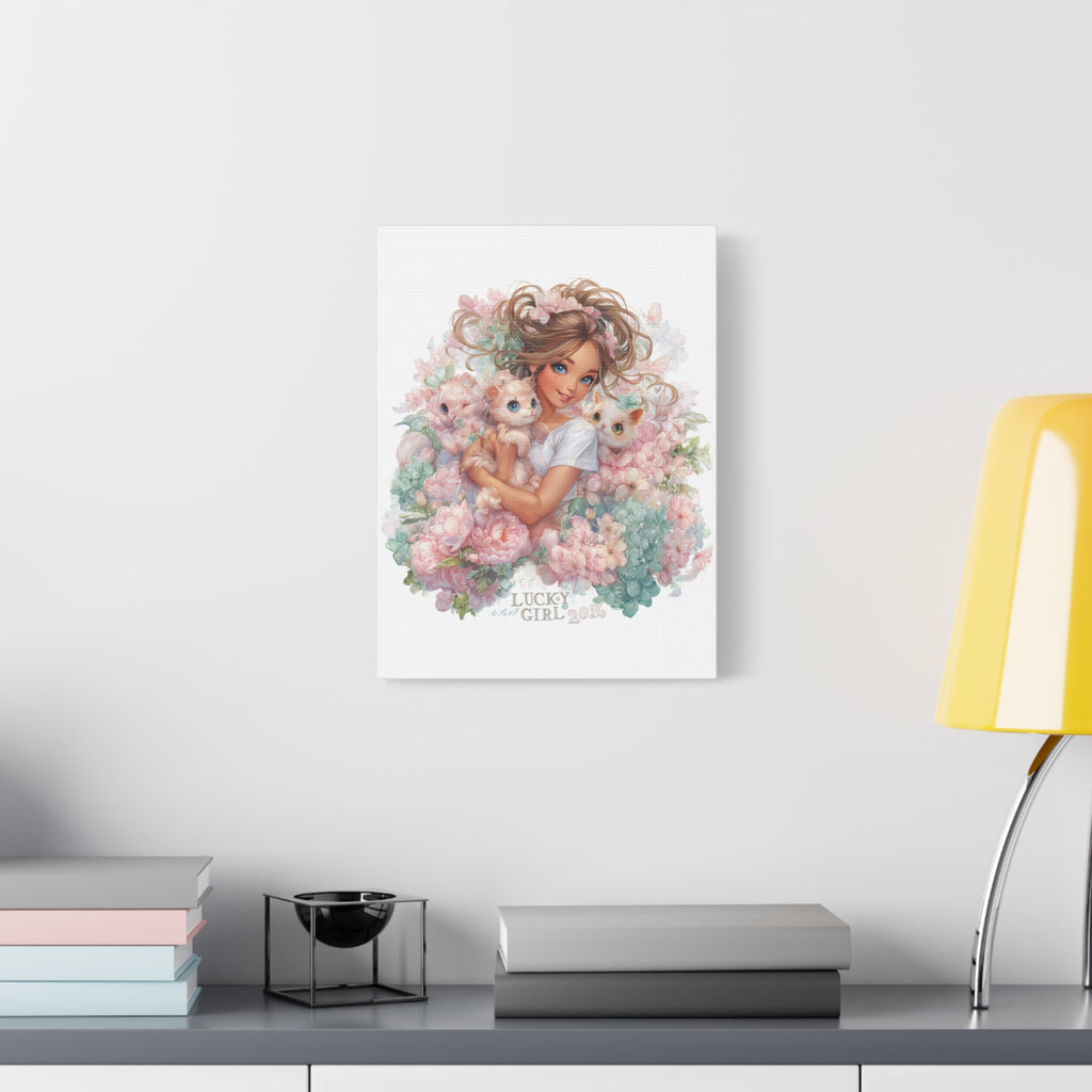 Lucky Girl 2026 Canvas Wall Art | Girl with Kittens Floral Print | Pastel Cute Aesthetic Decor | Kawaii Cat Lover Gift