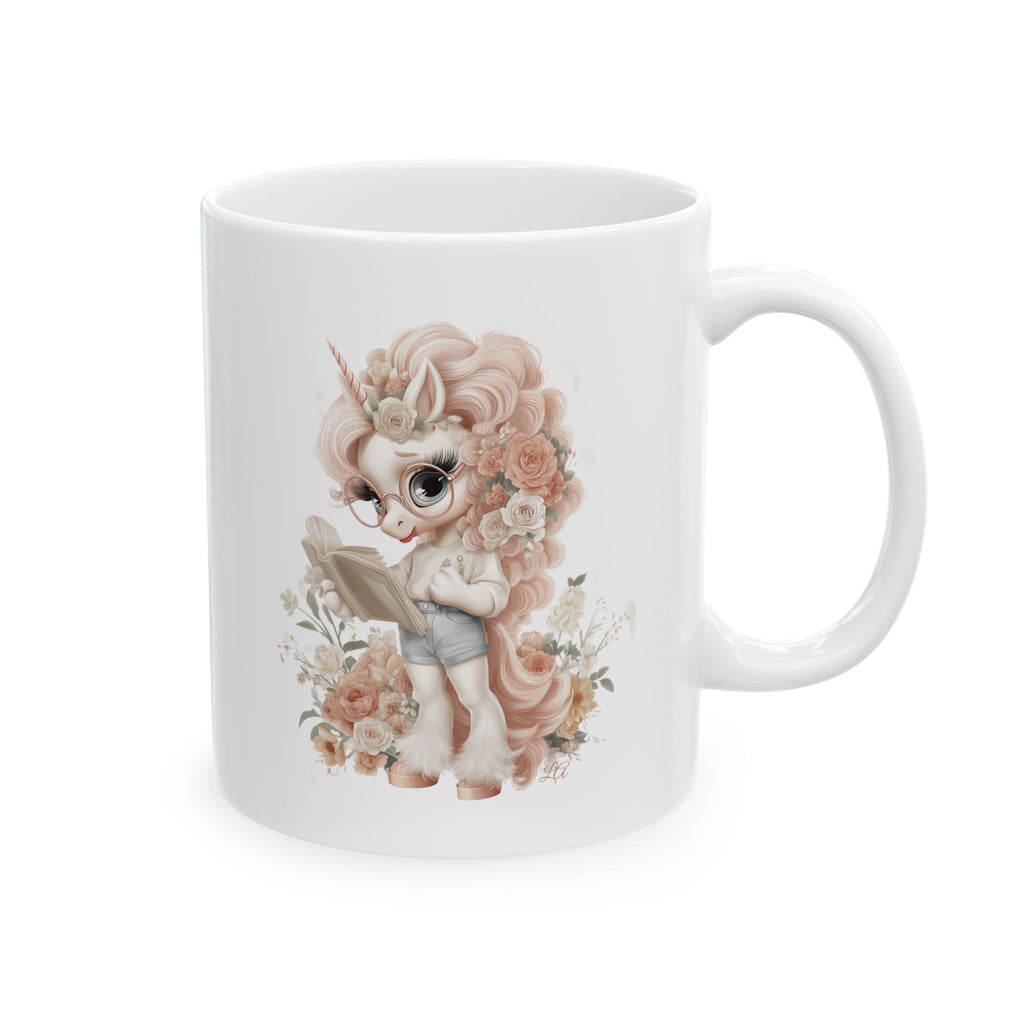 Whimsical Reading Unicorn, Mug Cute Floral Coffee Cup, 11oz, Pastel Aesthetic Gift for Girls