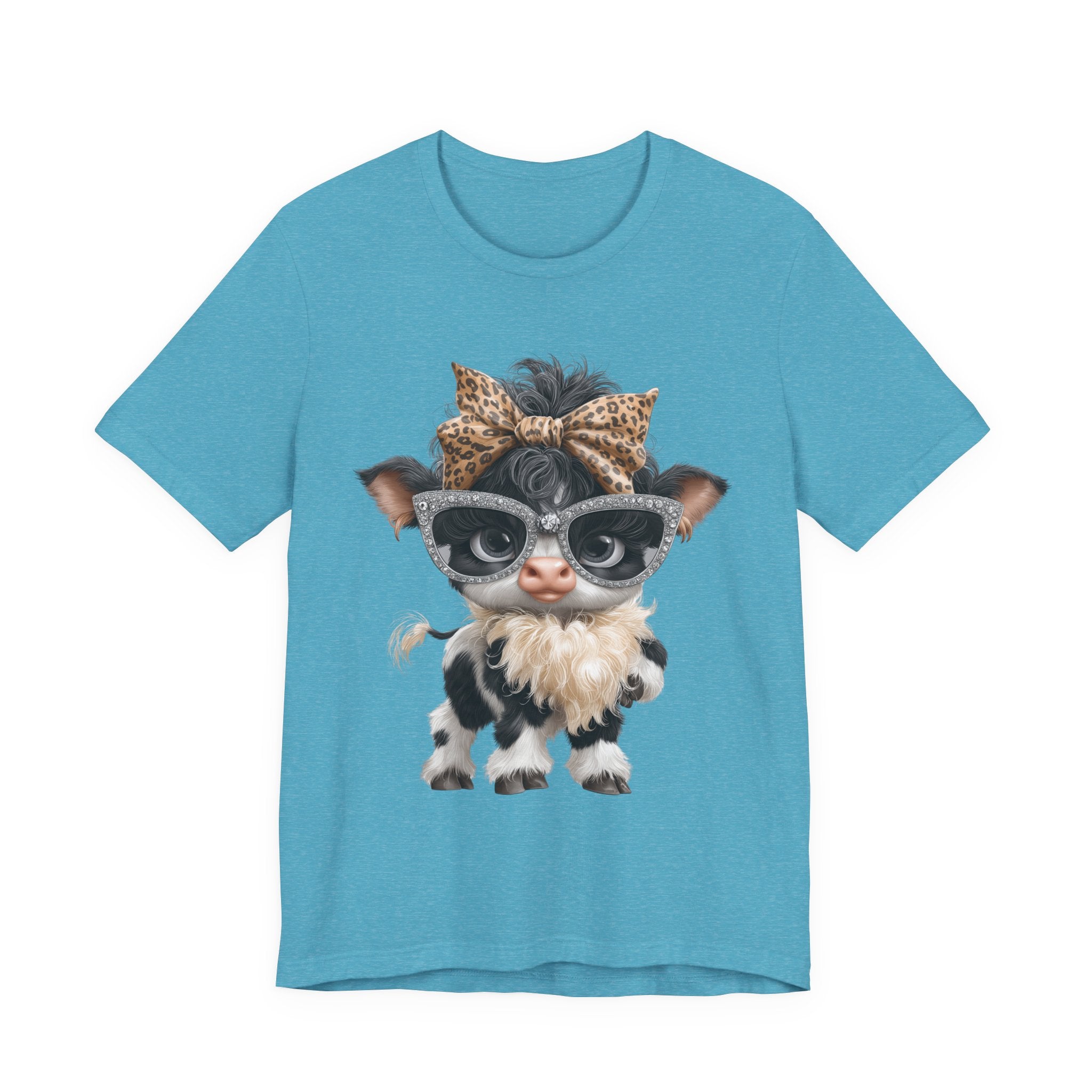 Stylish Cow Calf with Glasses and Leopard Bow T-Shirt