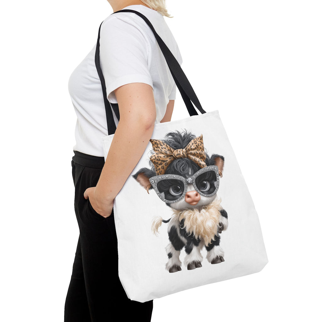 Fashion Cow Tote Bag, Stylish Calf with Leopard Bow and Sunglasses, Animal Art Bag