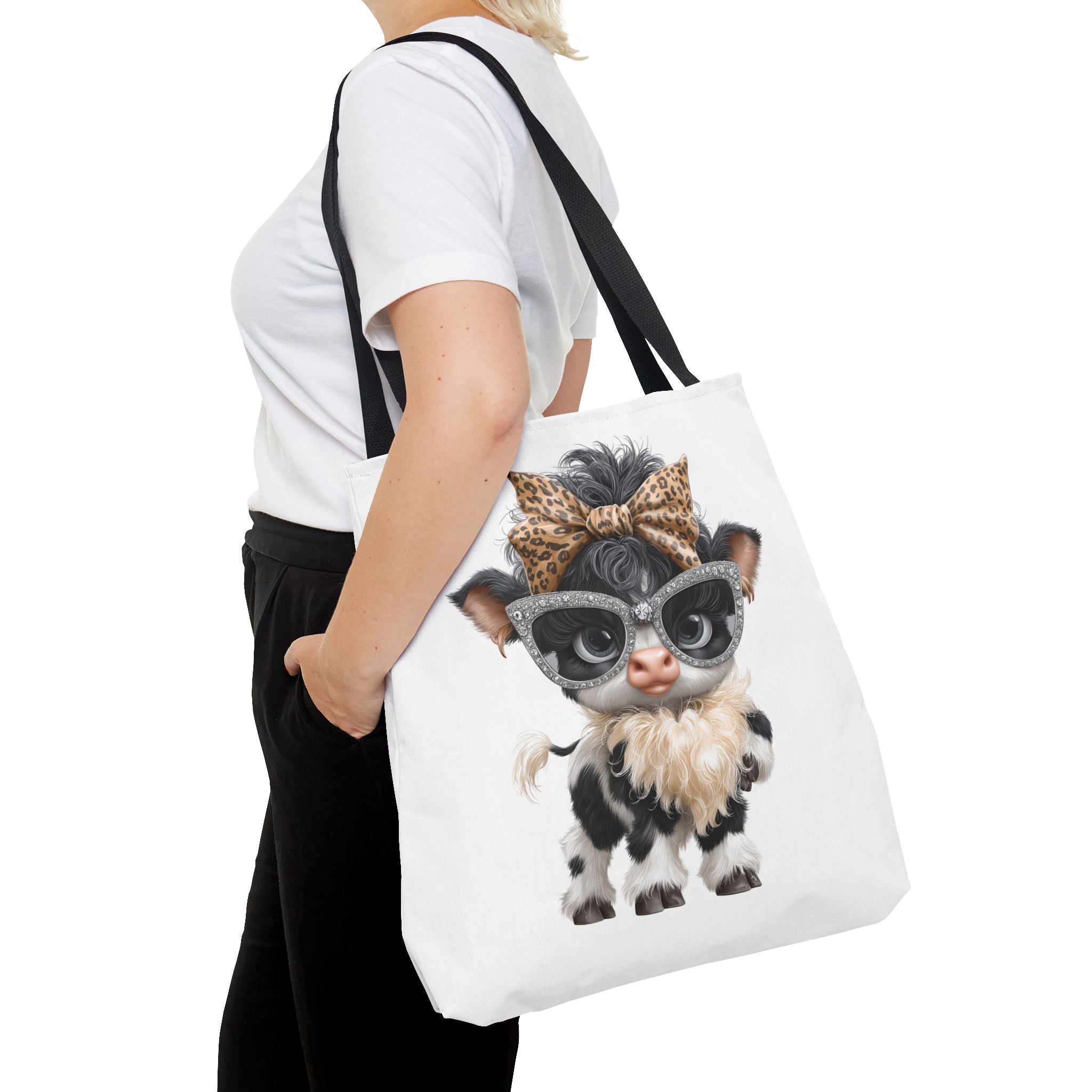 Fashion Cow Tote Bag, Stylish Calf with Leopard Bow and Sunglasses, Animal Art Bag