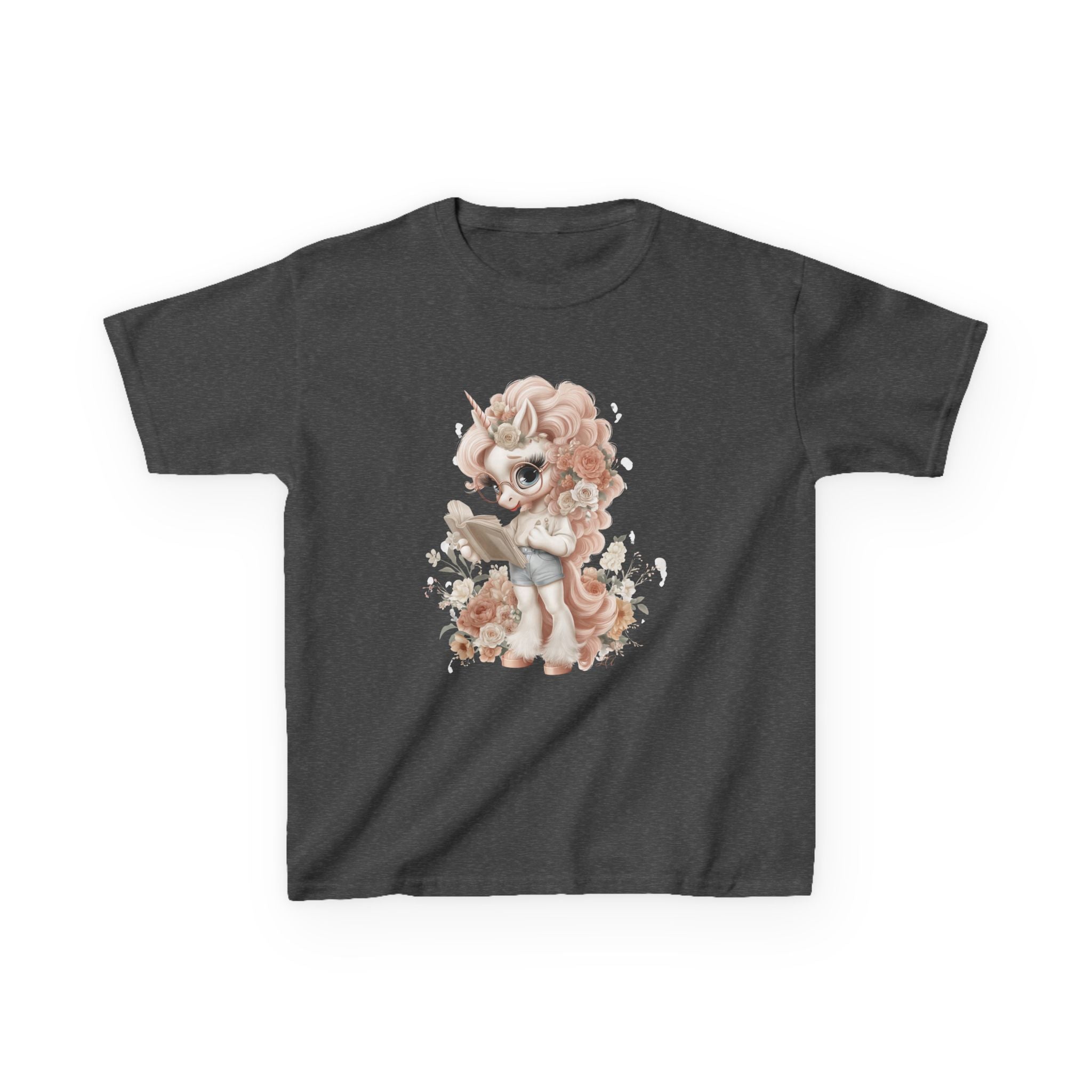 Reading Unicorn Girl T-Shirt | Kawaii Storybook Kids Tee | Pastel Floral Unicorn Shirt for Girls