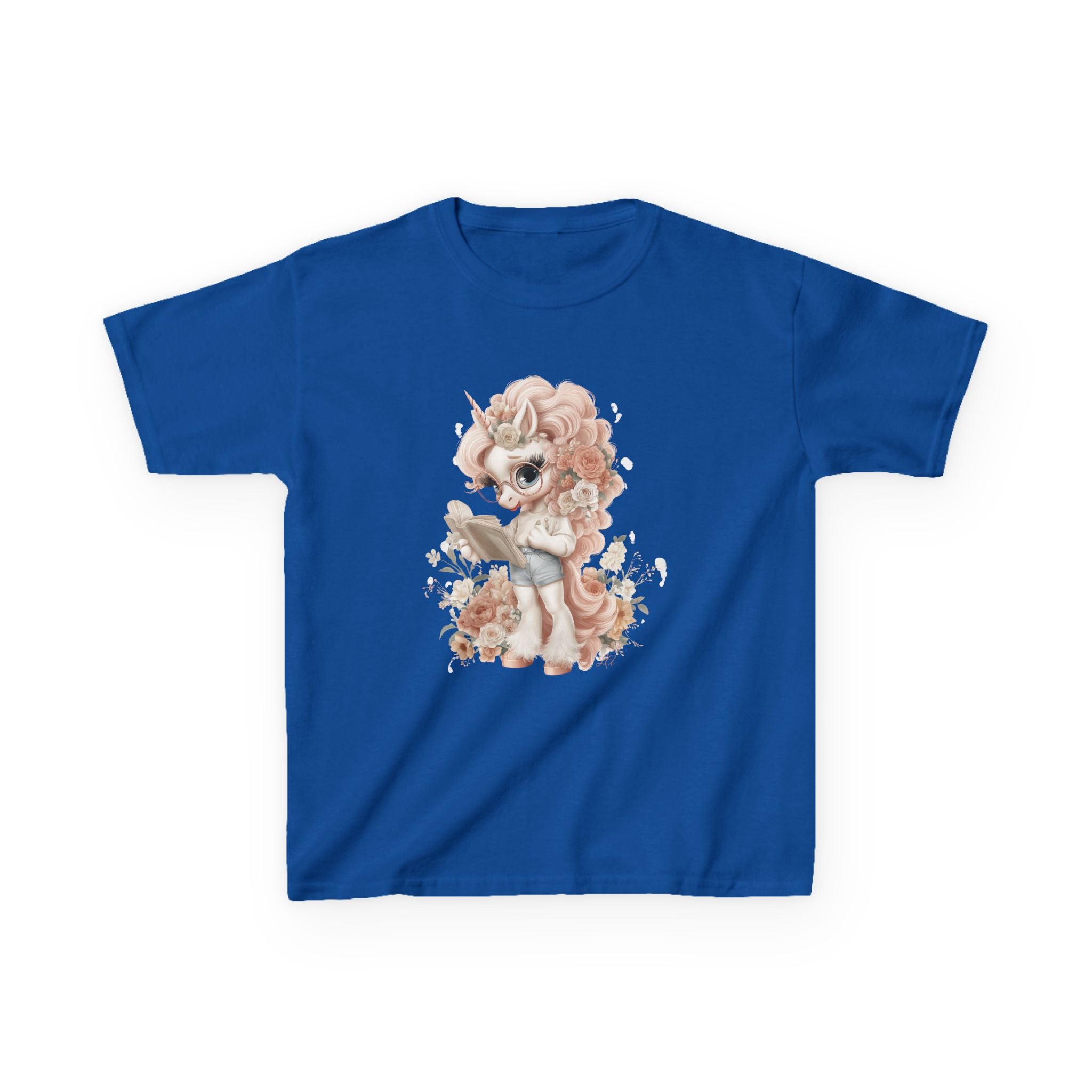 Reading Unicorn Girl T-Shirt | Kawaii Storybook Kids Tee | Pastel Floral Unicorn Shirt for Girls