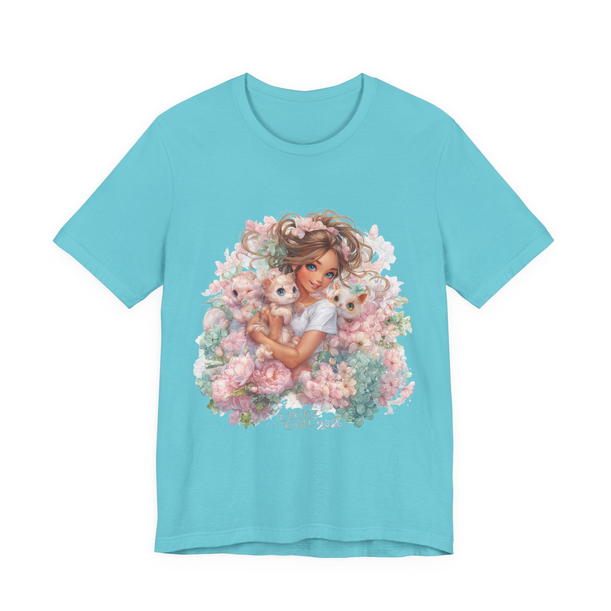 Lucky Girl 2026 Floral Aesthetic T-Shirt , Soft Girl Graphic Tee Cute Pastel Flowers Shirt, Fairycore Vintage Art Tee, Feminine Graphic Top