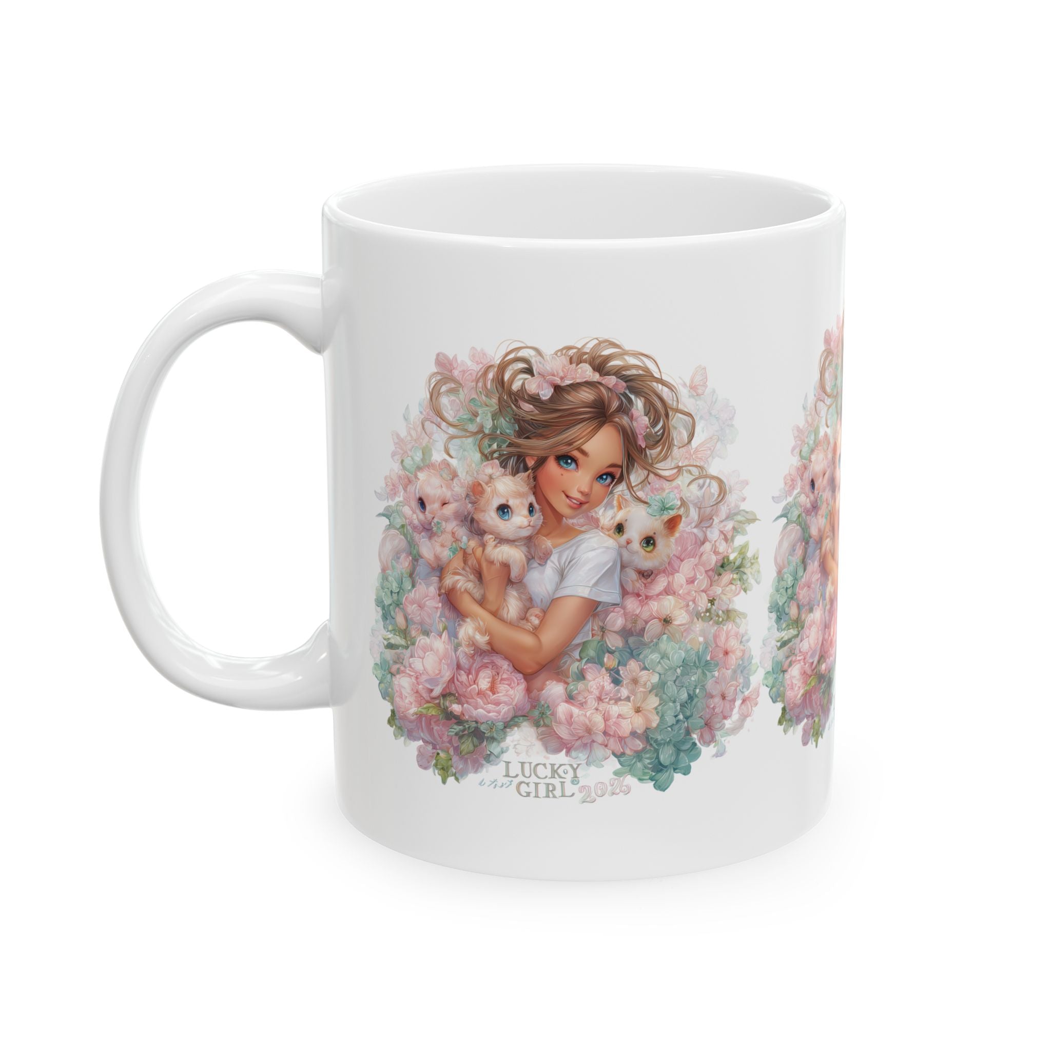 Lucky Girl 2026 All Over Print Mug | Pastel Floral Pattern Cup | Kawaii Cat Lover Gift | Manifestation Coffee Mug