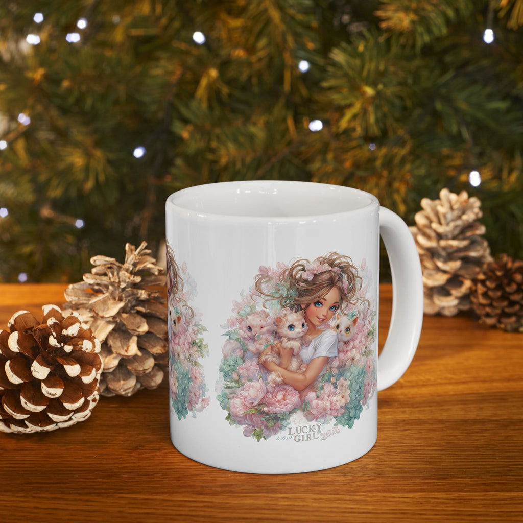 Lucky Girl 2026 All Over Print Mug | Pastel Floral Pattern Cup | Kawaii Cat Lover Gift | Manifestation Coffee Mug