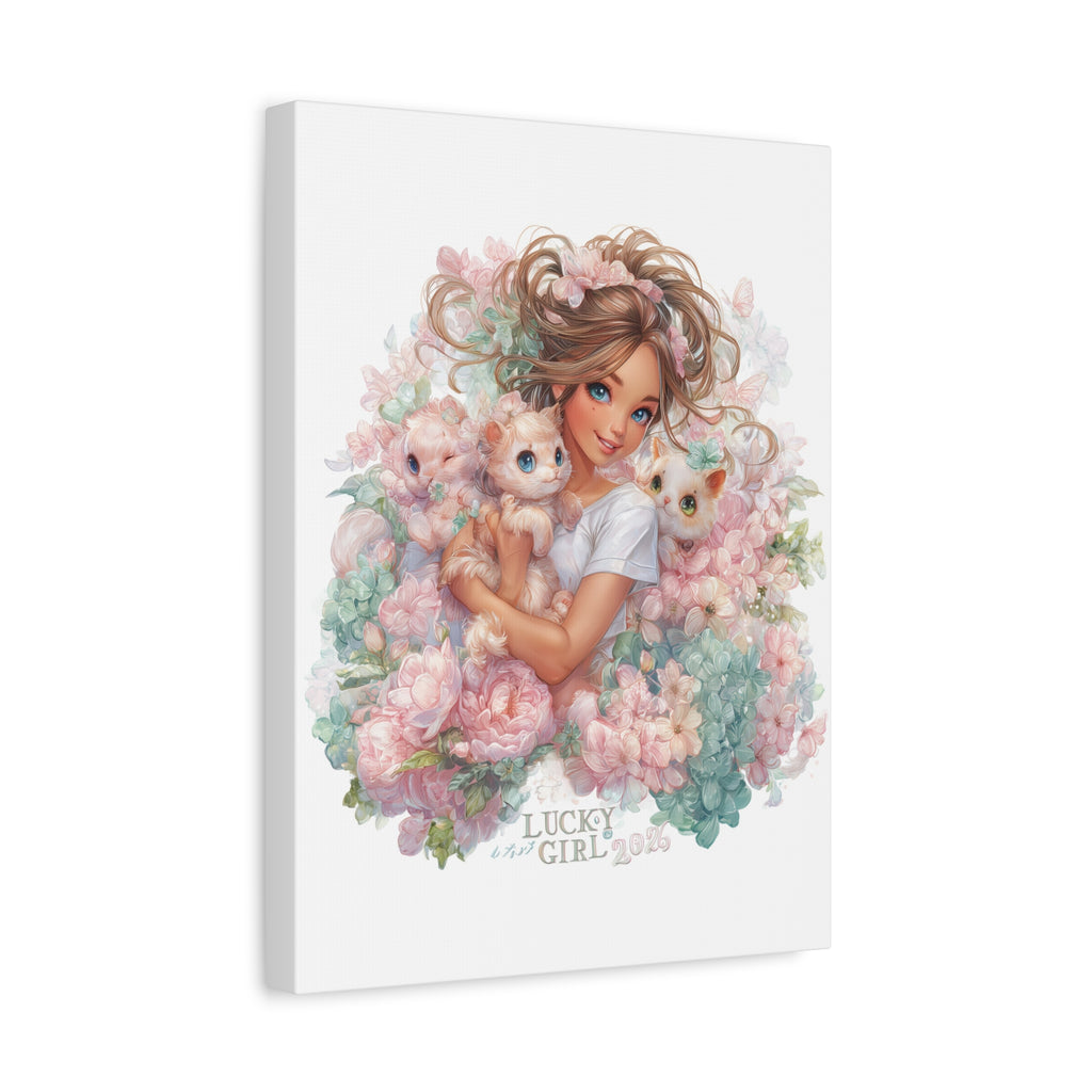 Lucky Girl 2026 Canvas Wall Art | Girl with Kittens Floral Print | Pastel Cute Aesthetic Decor | Kawaii Cat Lover Gift