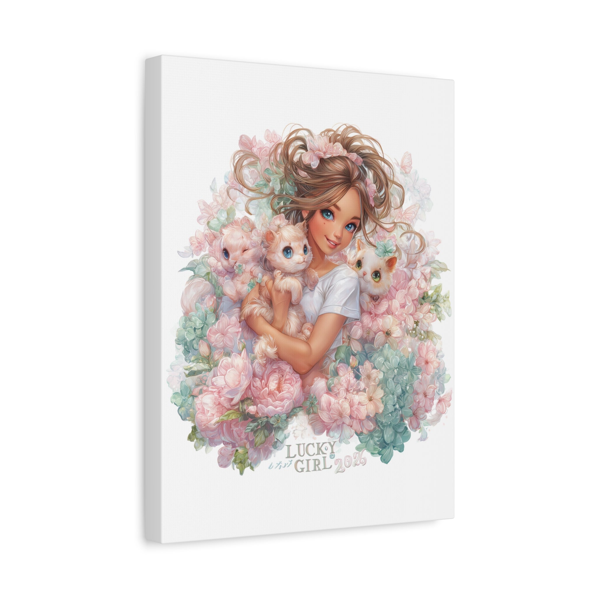 Lucky Girl 2026 Canvas Wall Art | Girl with Kittens Floral Print | Pastel Cute Aesthetic Decor | Kawaii Cat Lover Gift
