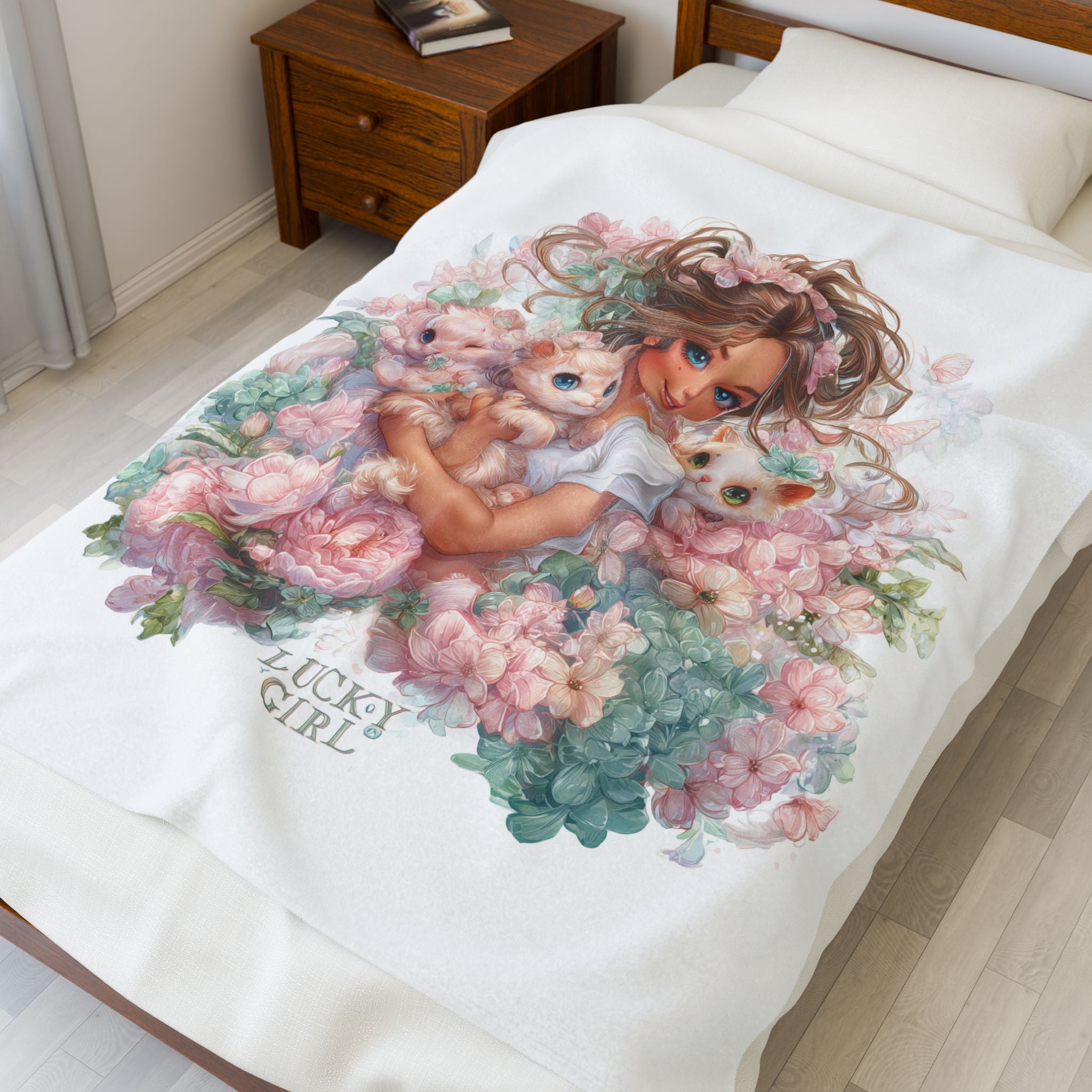Lucky Girl Plush Blanket | Cute Girl with Kittens Velveteen Throw | Pastel Floral Cozy Blanket | Kawaii Cat Lover Gift