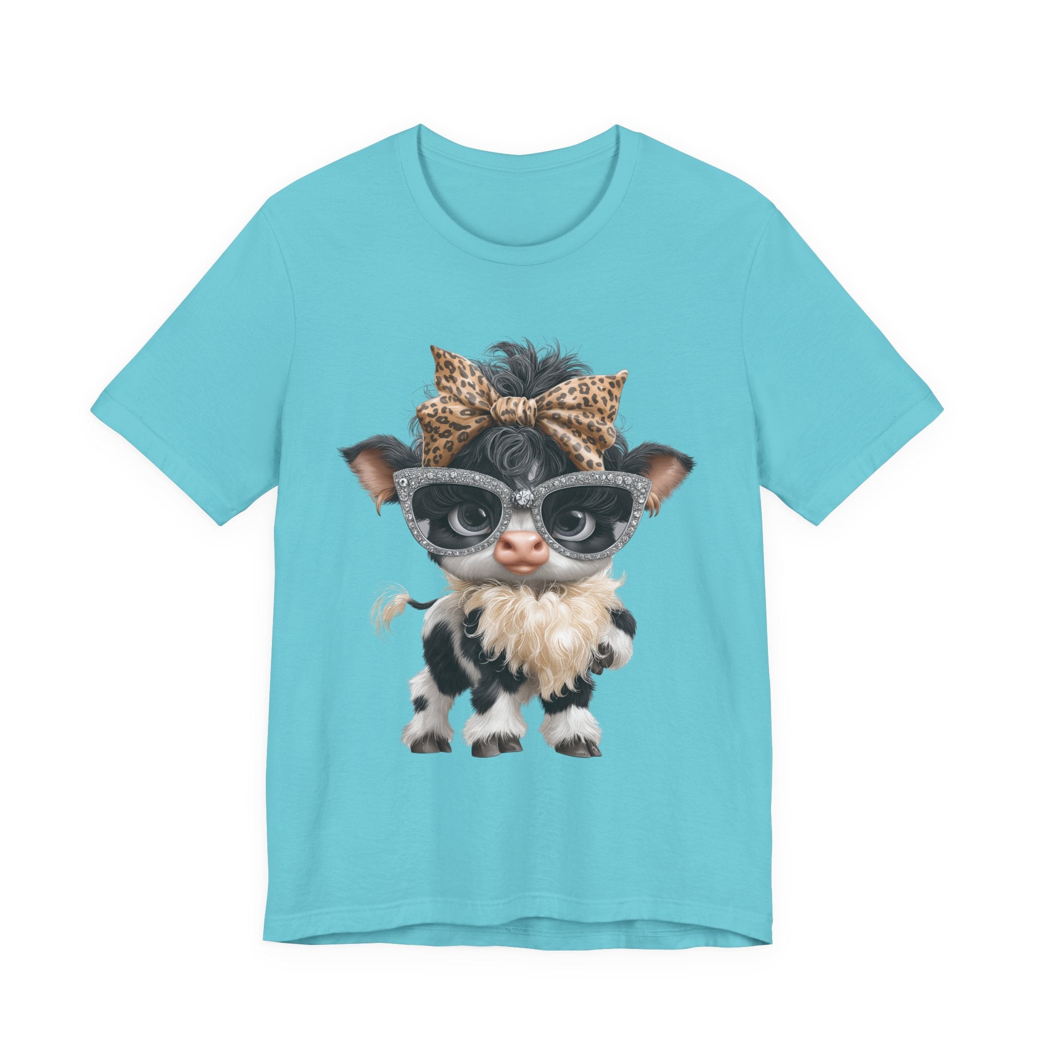 Stylish Cow Calf with Glasses and Leopard Bow T-Shirt