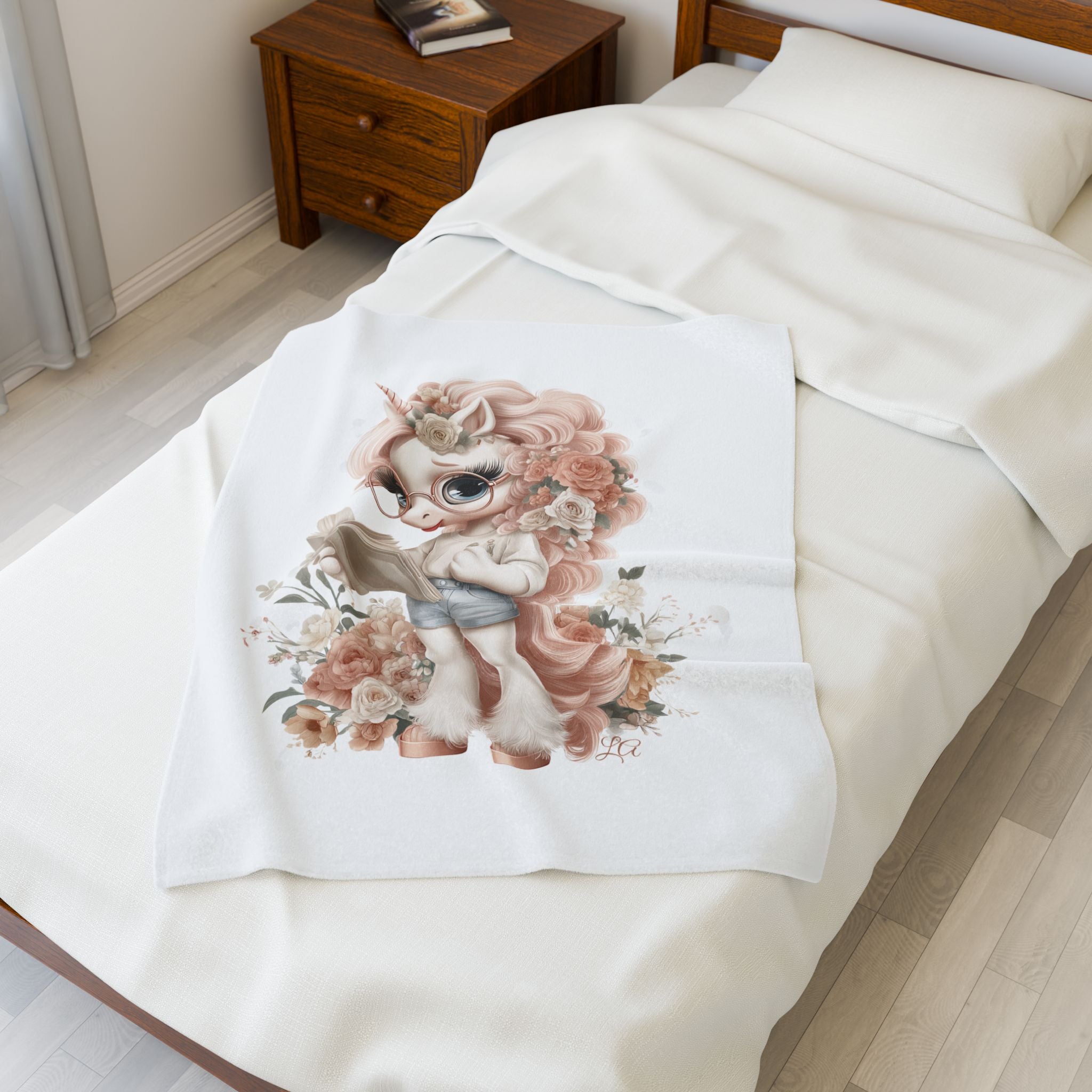 Cute Reading Unicorn Velveteen Plush Blanket | Floral Pastel Bookish Design