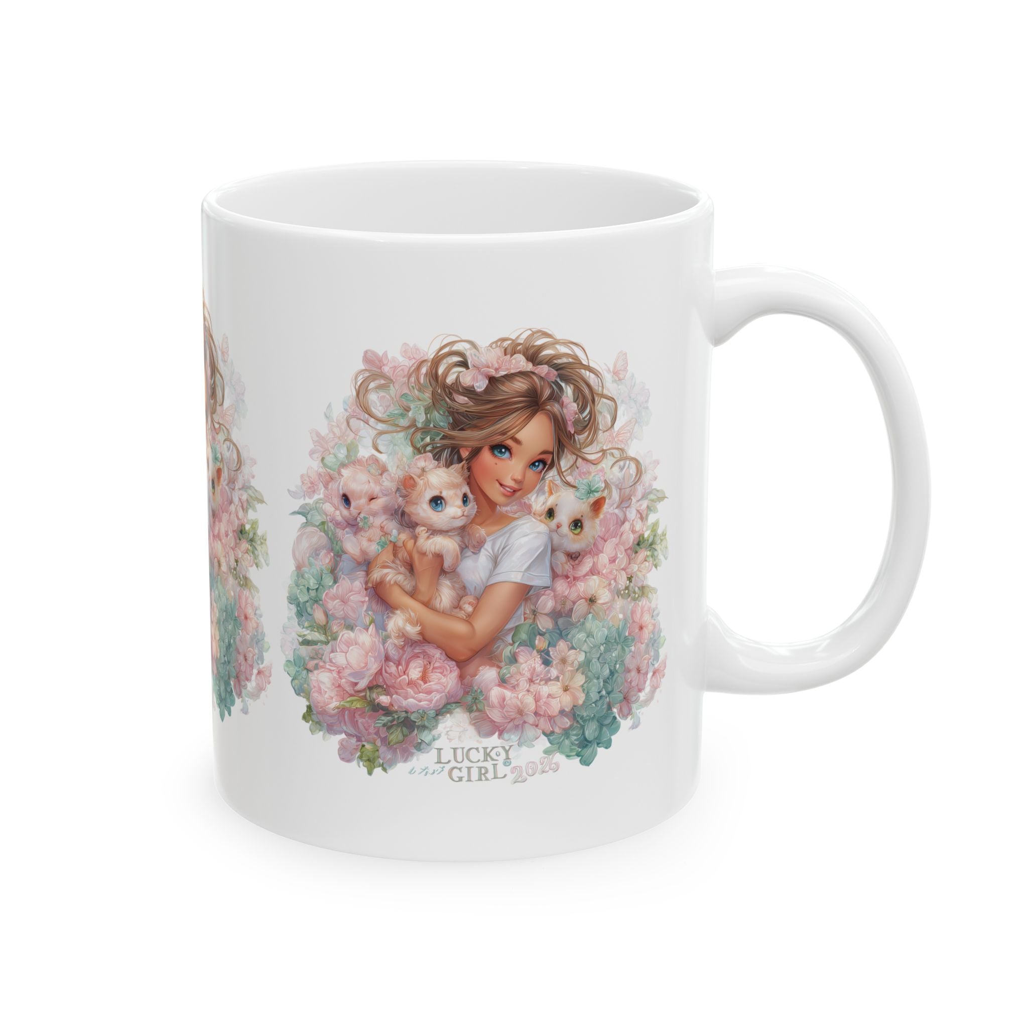 Lucky Girl 2026 All Over Print Mug | Pastel Floral Pattern Cup | Kawaii Cat Lover Gift | Manifestation Coffee Mug