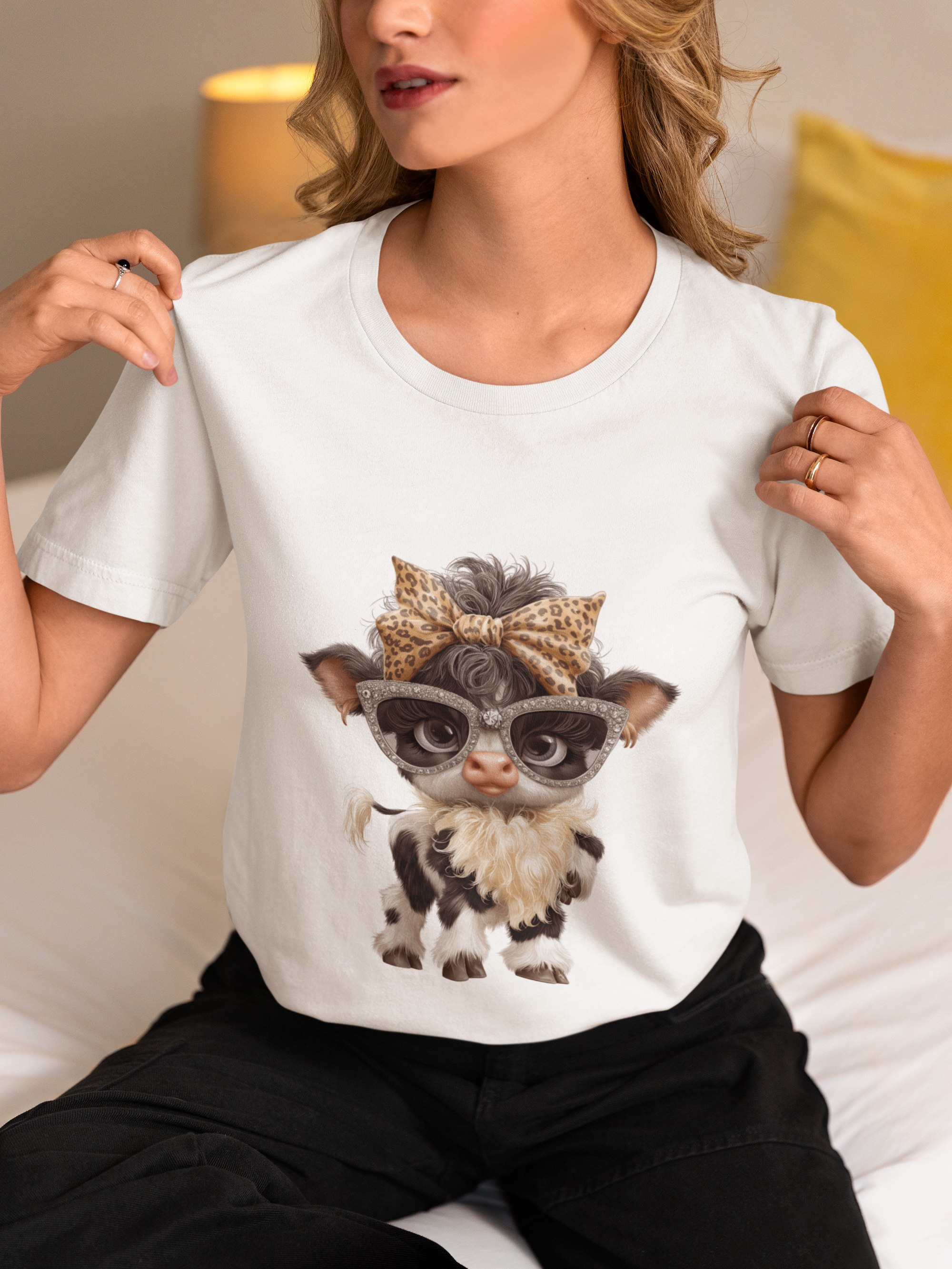 Stylish Cow Calf with Glasses and Leopard Bow T-Shirt