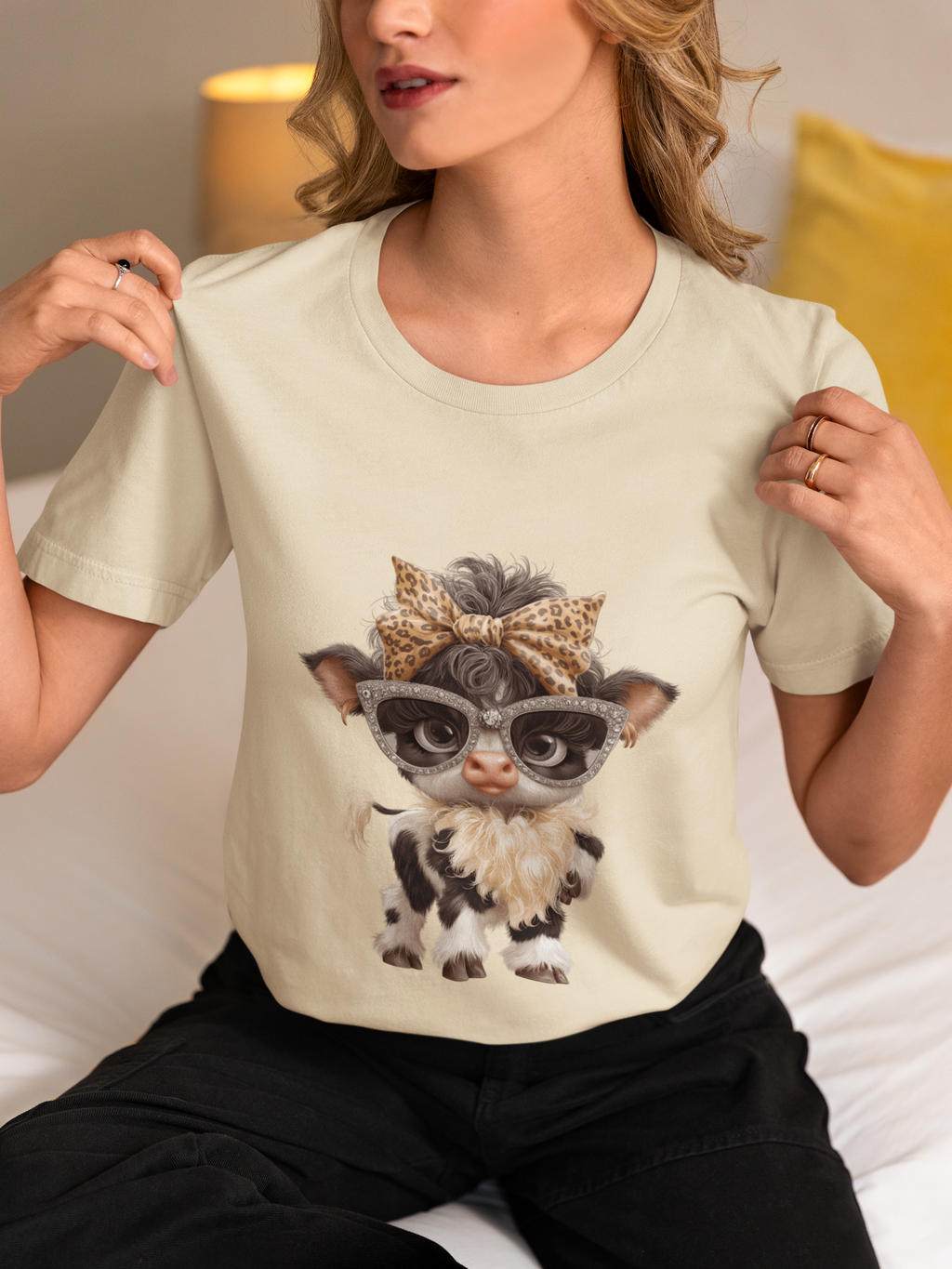 Stylish Cow Calf with Glasses and Leopard Bow T-Shirt