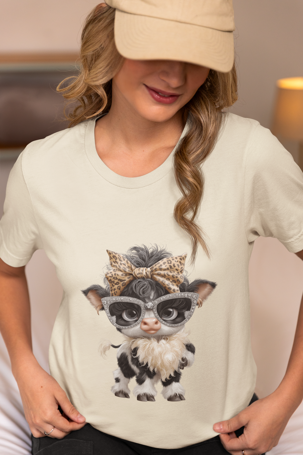 Stylish Cow Calf with Glasses and Leopard Bow T-Shirt