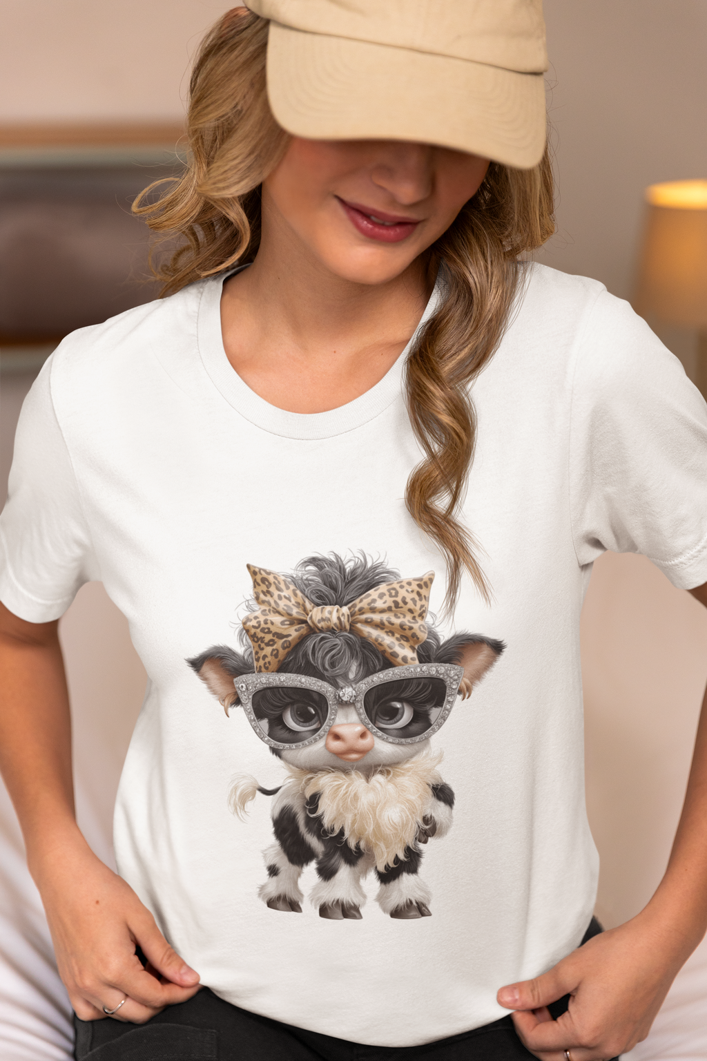 Stylish Cow Calf with Glasses and Leopard Bow T-Shirt