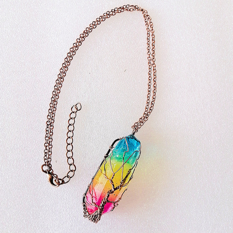 Rainbow Crystal Stone Necklace – Tree of Life Pendant for Positive Energy & Style
