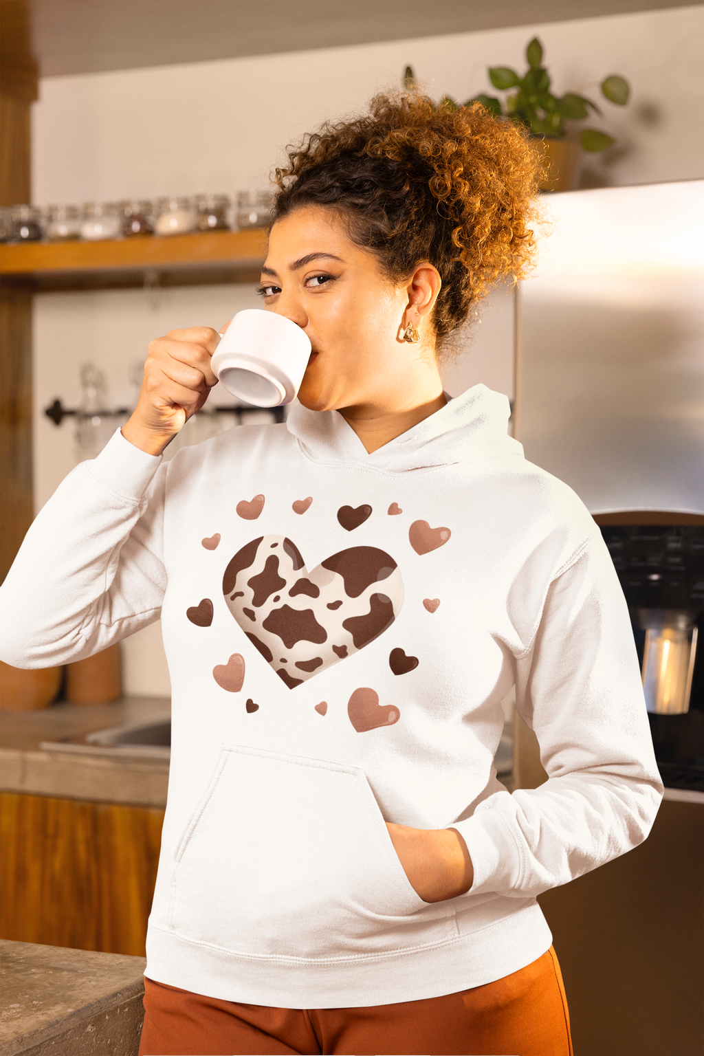 Cow Print Heart Hoodie – Brown Cow Pattern Pullover Sweatshirt