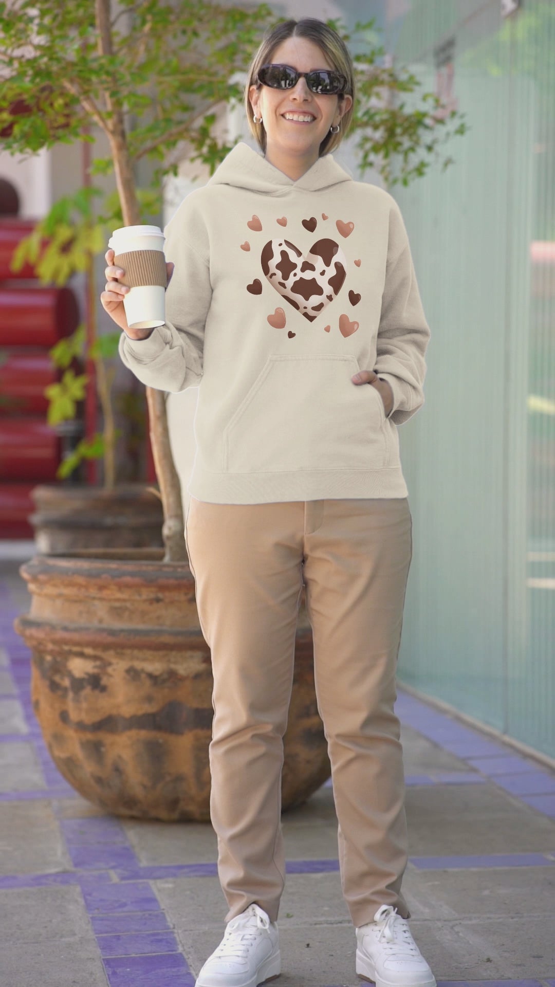 Cow Print Heart Hoodie – Brown Cow Pattern Pullover Sweatshirt
