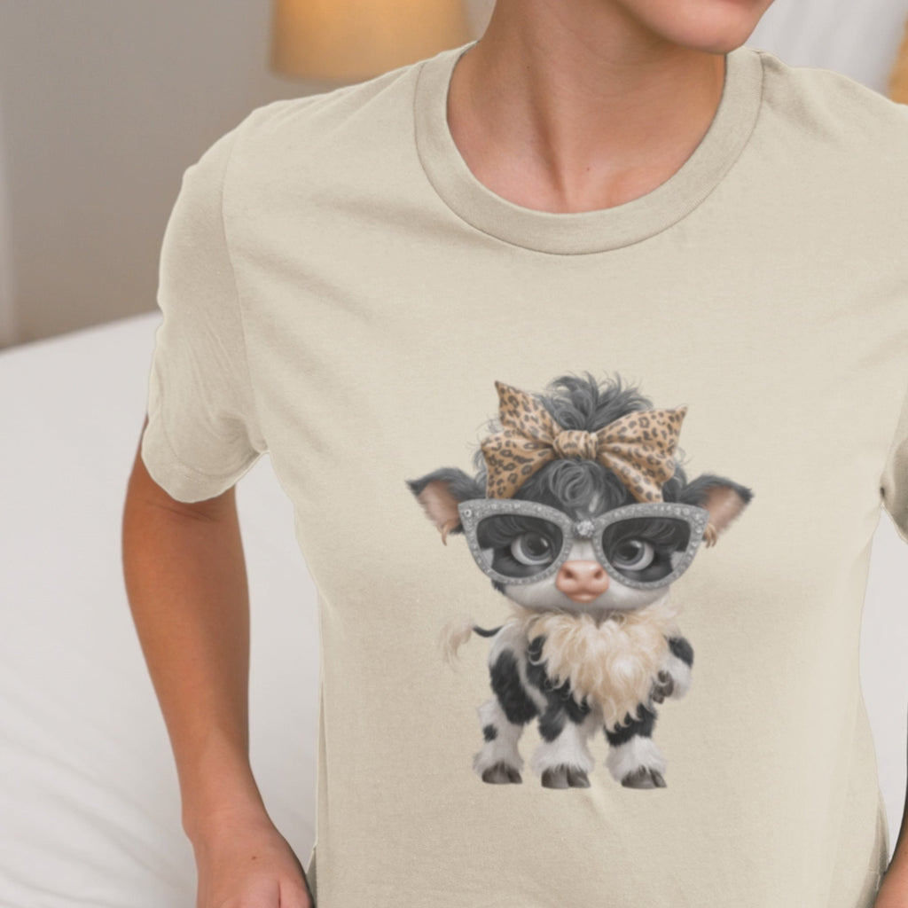 Stylish Cow Calf with Glasses and Leopard Bow T-Shirt