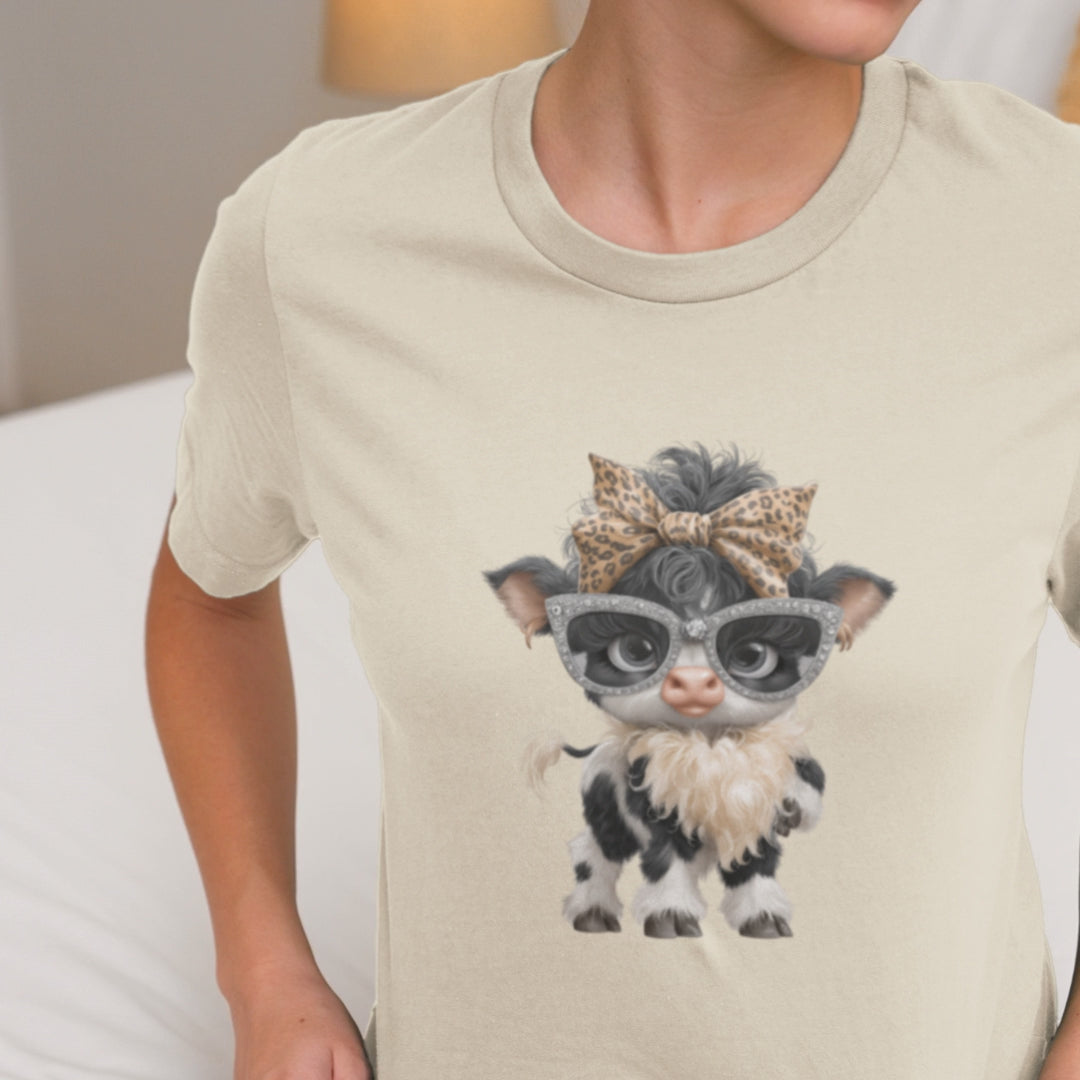 Stylish Cow Calf with Glasses and Leopard Bow T-Shirt